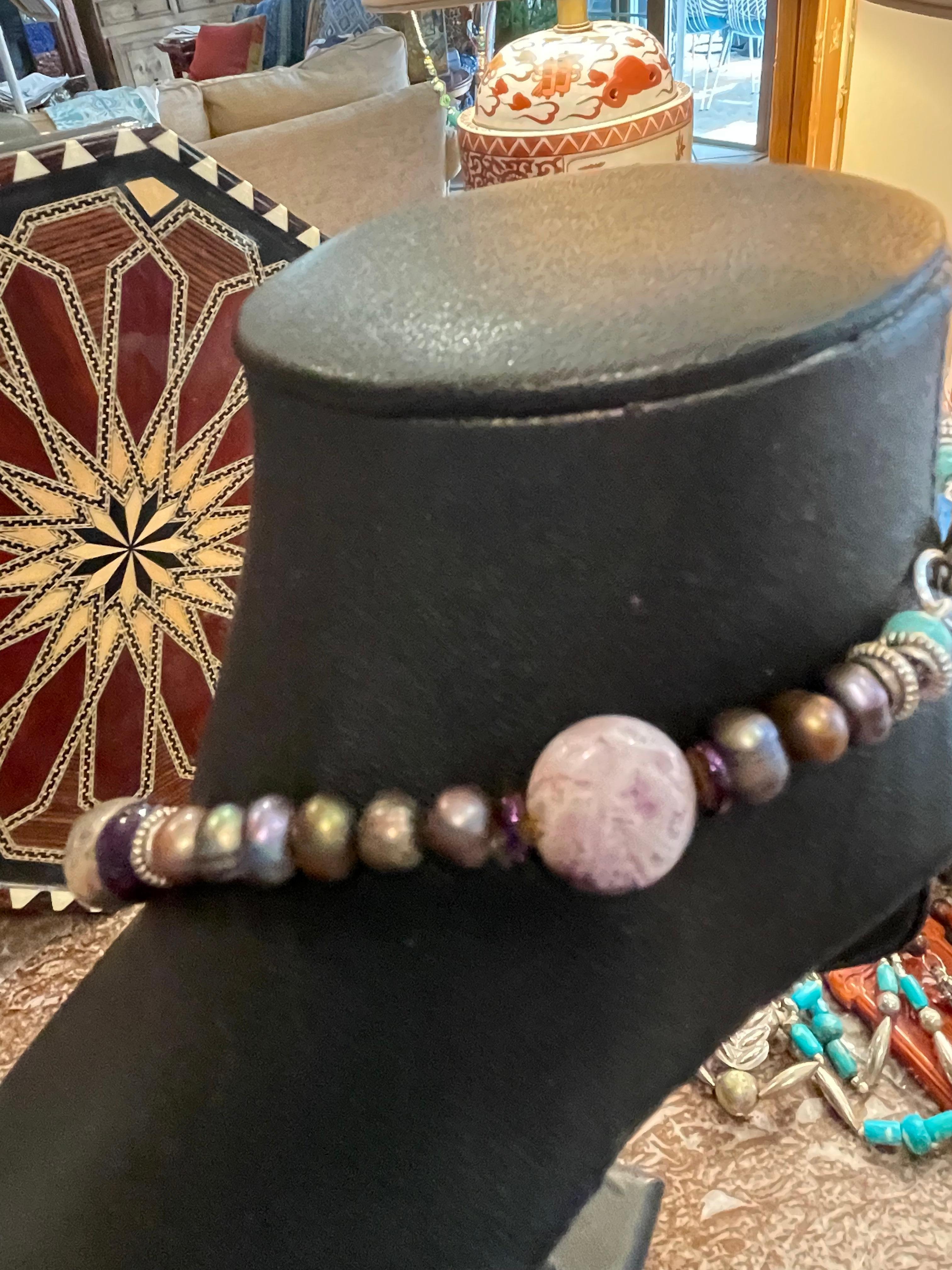 LB Collier de perles en argent sterling avec pendentif en forme de feuille en améthyste et perles en argent sterling Unisexe en vente