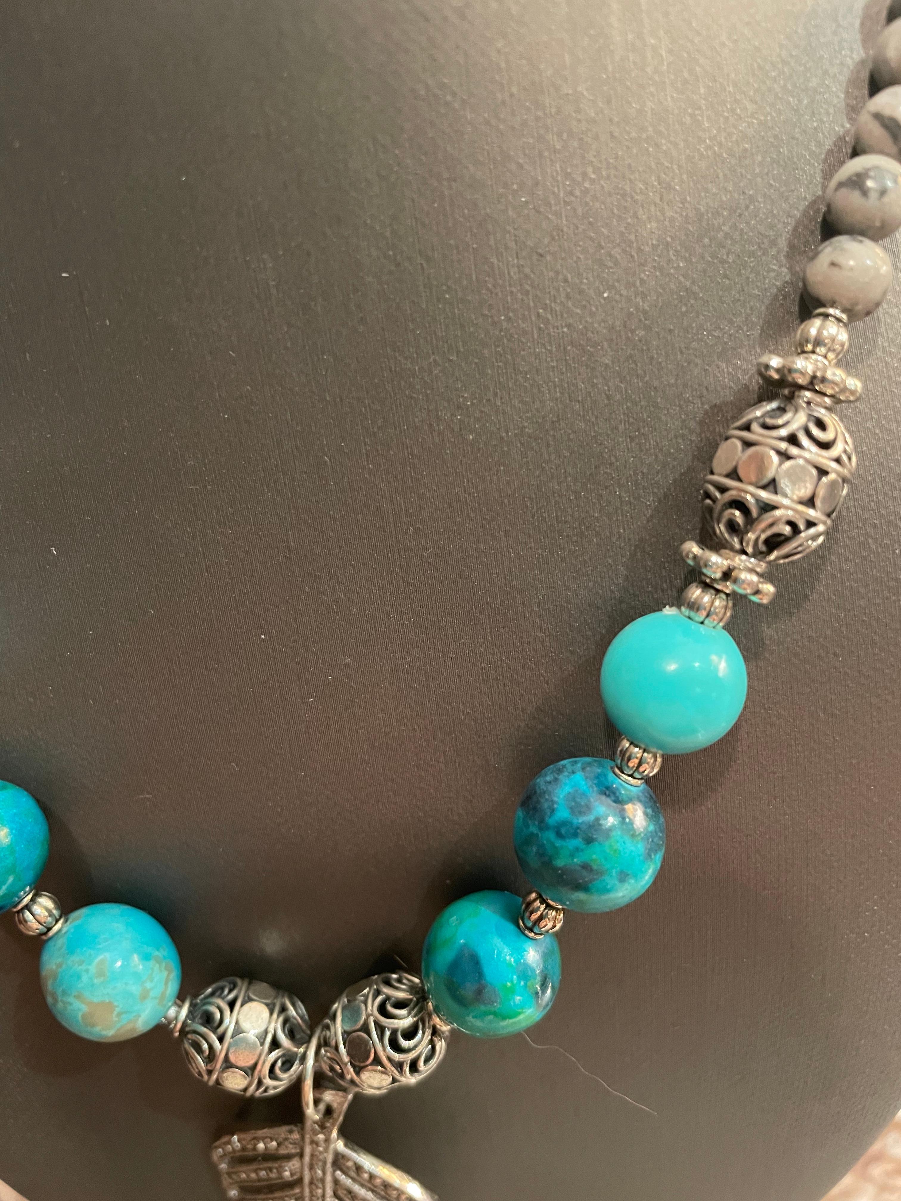 Women's or Men's LB Sterling Marcasite Vintage Pendant Necklace Turquoise Agate Labradorite  For Sale