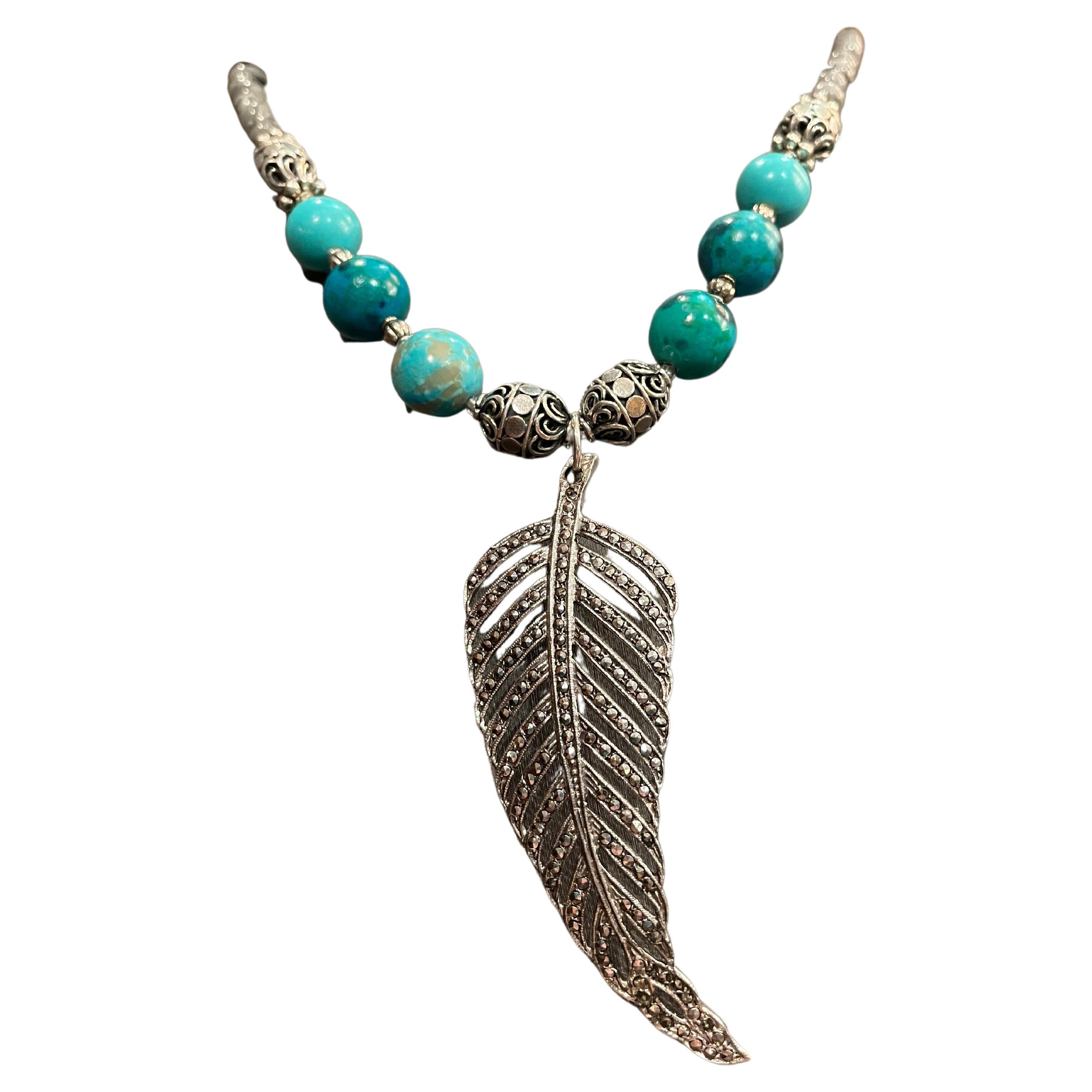 LB Sterling Marcasite Vintage Pendant Necklace Turquoise Agate Labradorite