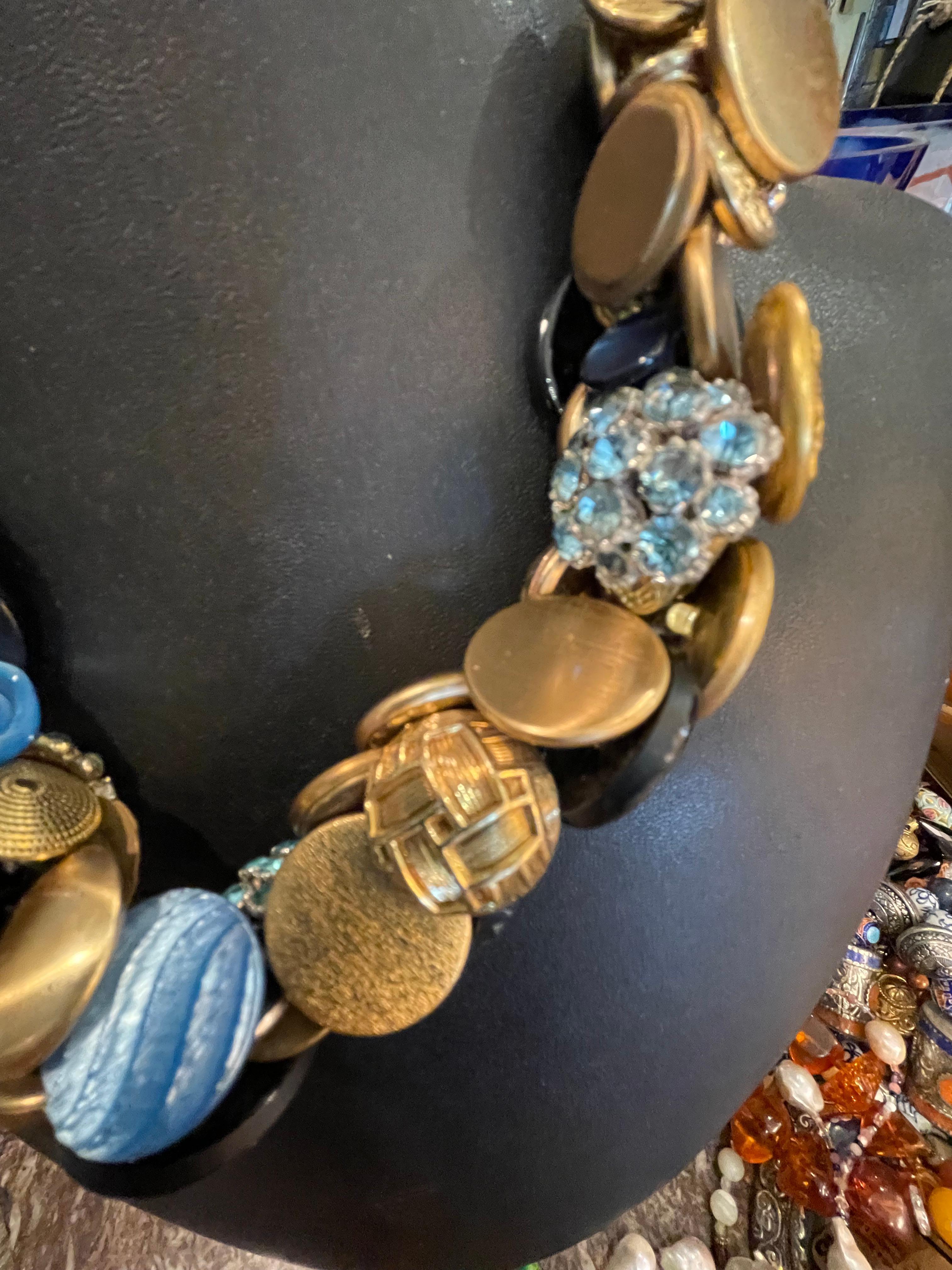 LB Stunning Antique Czech Glass Brass Buttons me of a kind handmade necklace  For Sale 6