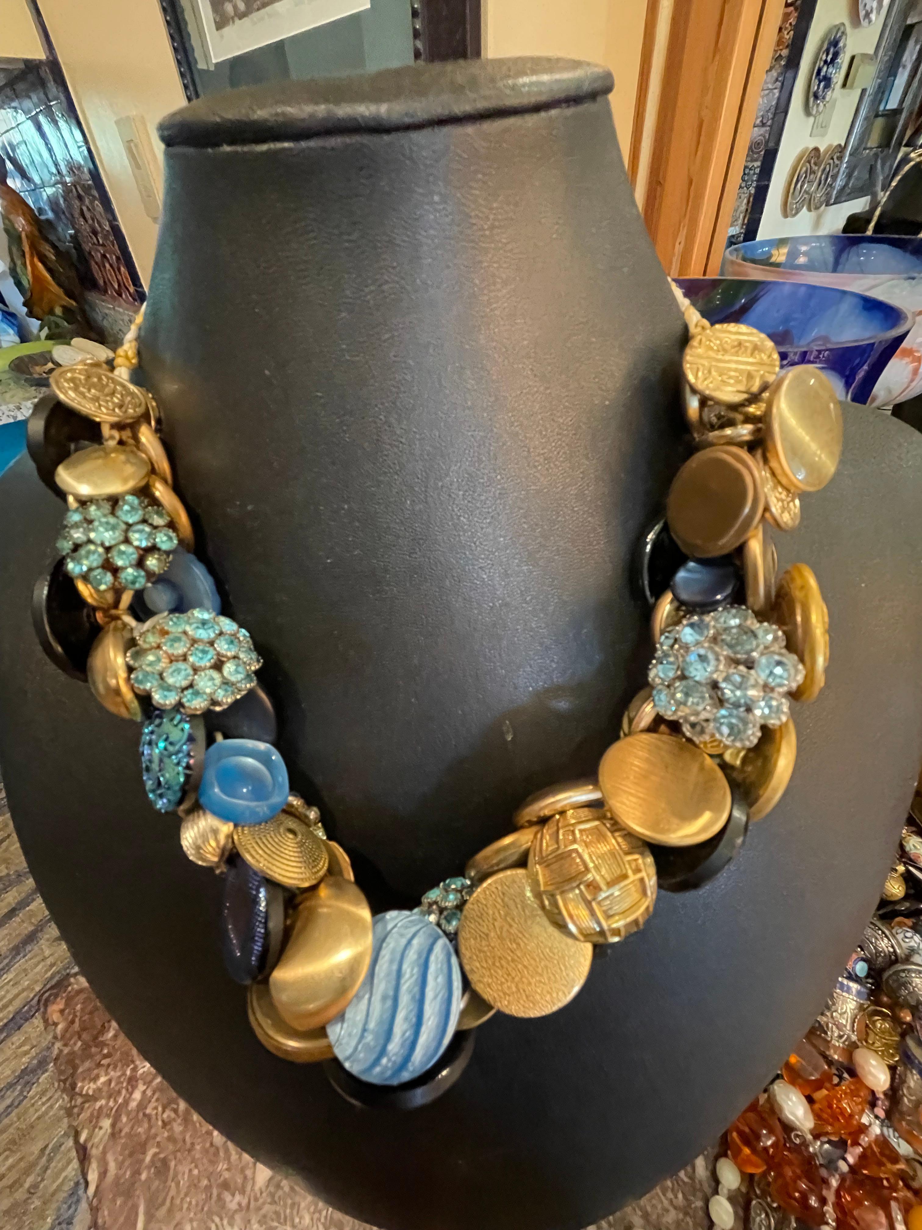 LB Stunning Antique Czech Glass Brass Buttons me of a kind handmade necklace  In Good Condition For Sale In Pittsburgh, PA