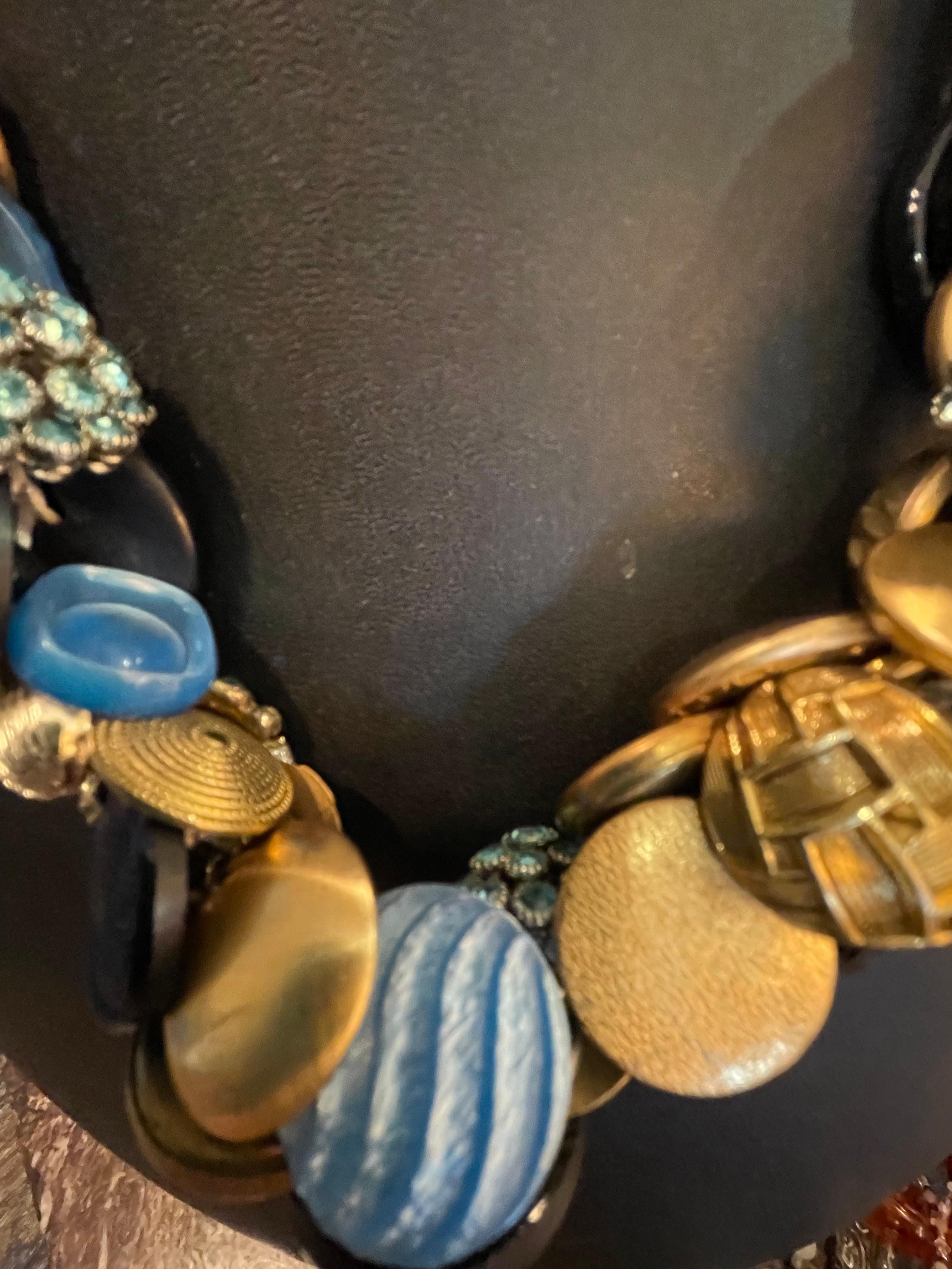Women's LB Stunning Antique Czech Glass Brass Buttons me of a kind handmade necklace  For Sale