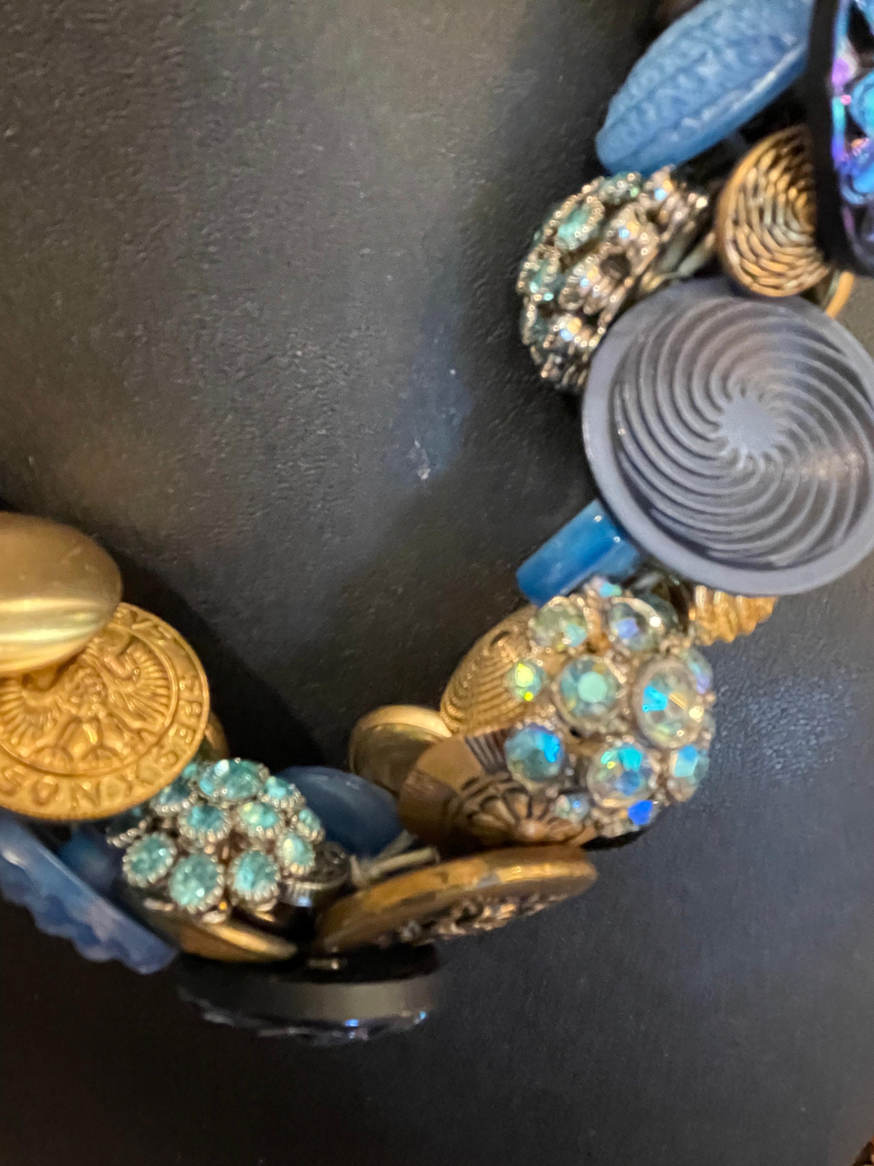 LB Stunning Antique Czech Glass Brass Buttons me of a kind handmade necklace  For Sale 4