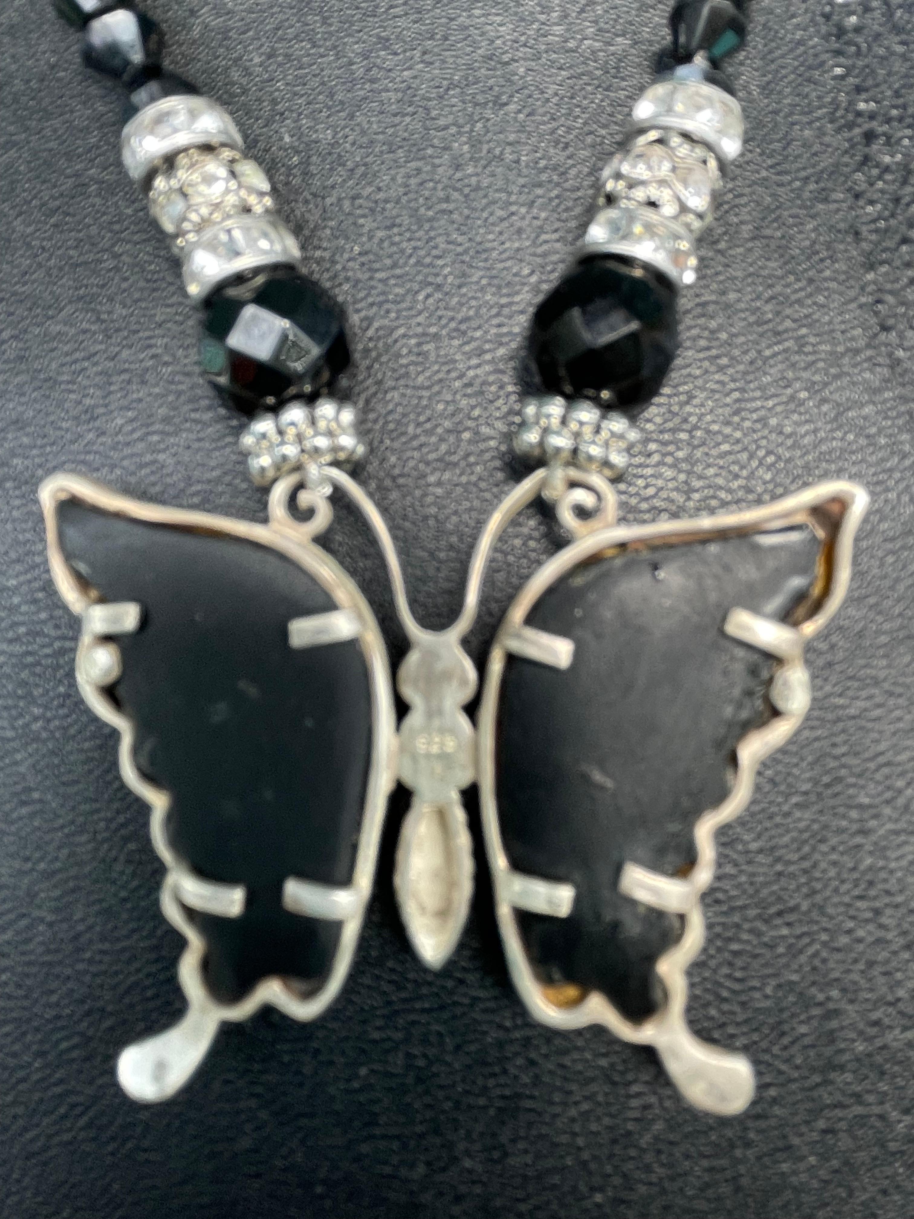 Art Nouveau LB stunning antique Silver Onyx Butterfly pendant necklace with onyx crystal  For Sale