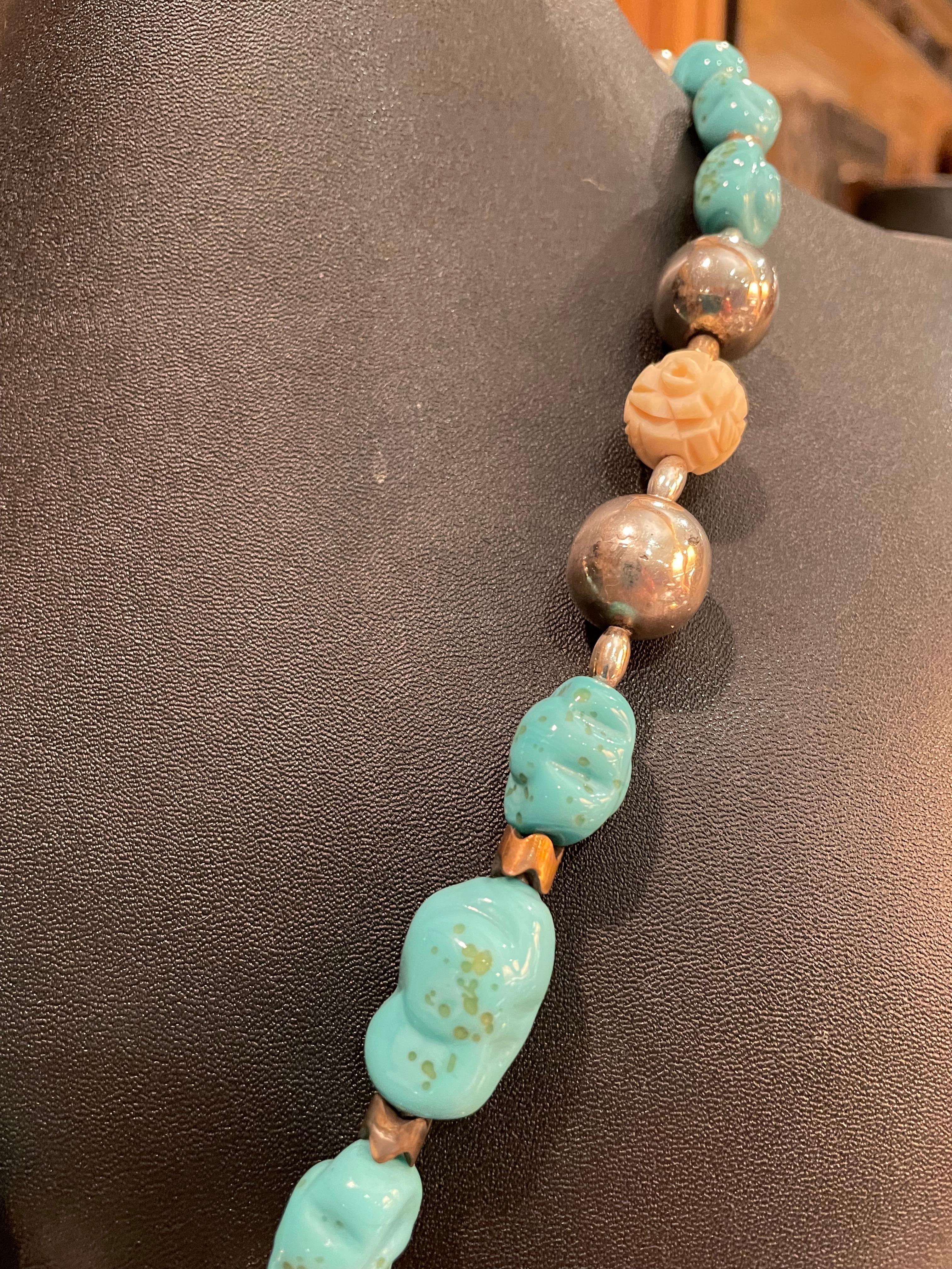 Native American LB stunning Sterling Etched Brooch Pendant Vintage glass Turquoise bead necklace For Sale