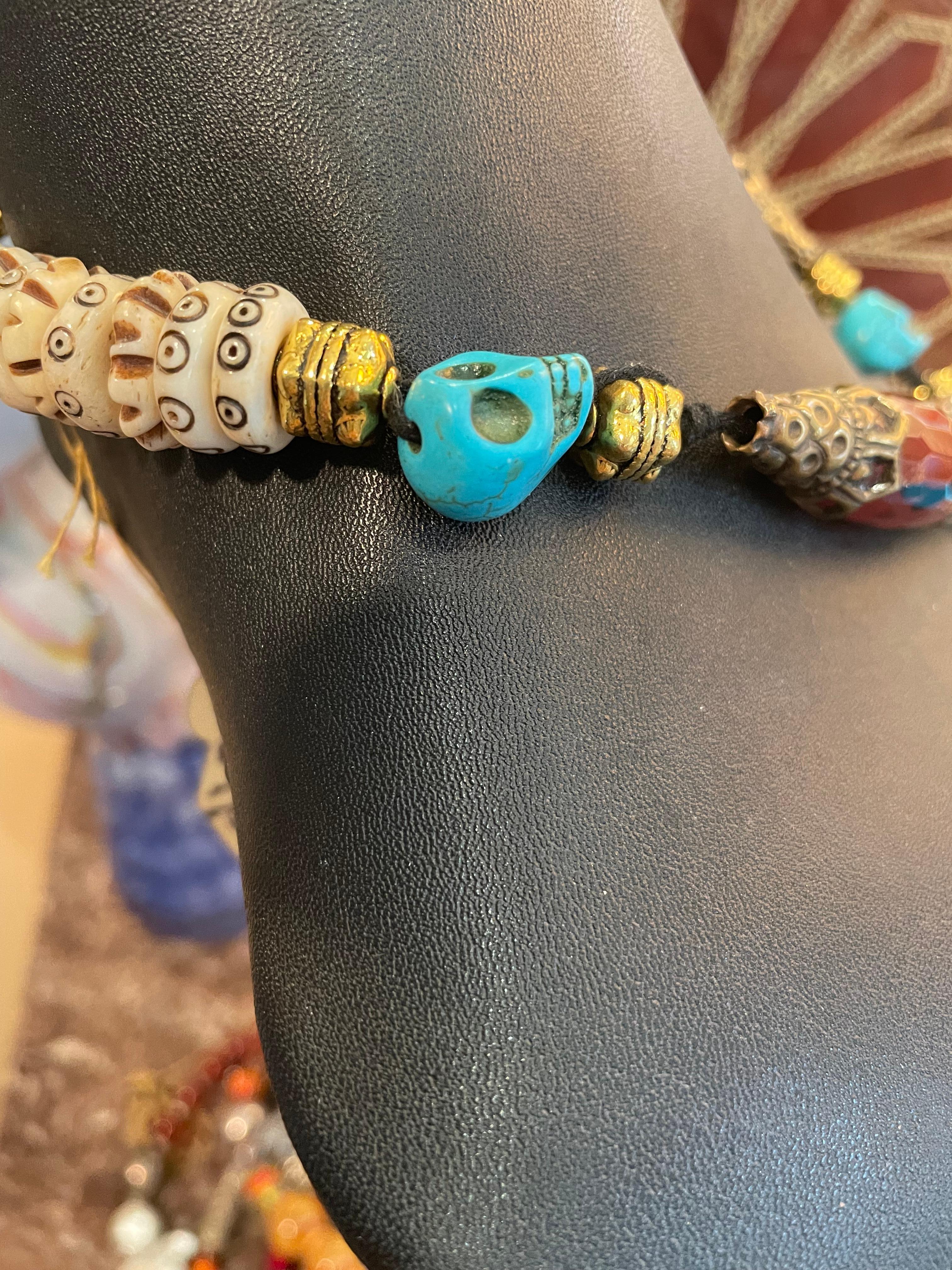 Artisan LB Tibetan pendant Turquoise vintage Indian agate bone discs necklace on offer For Sale