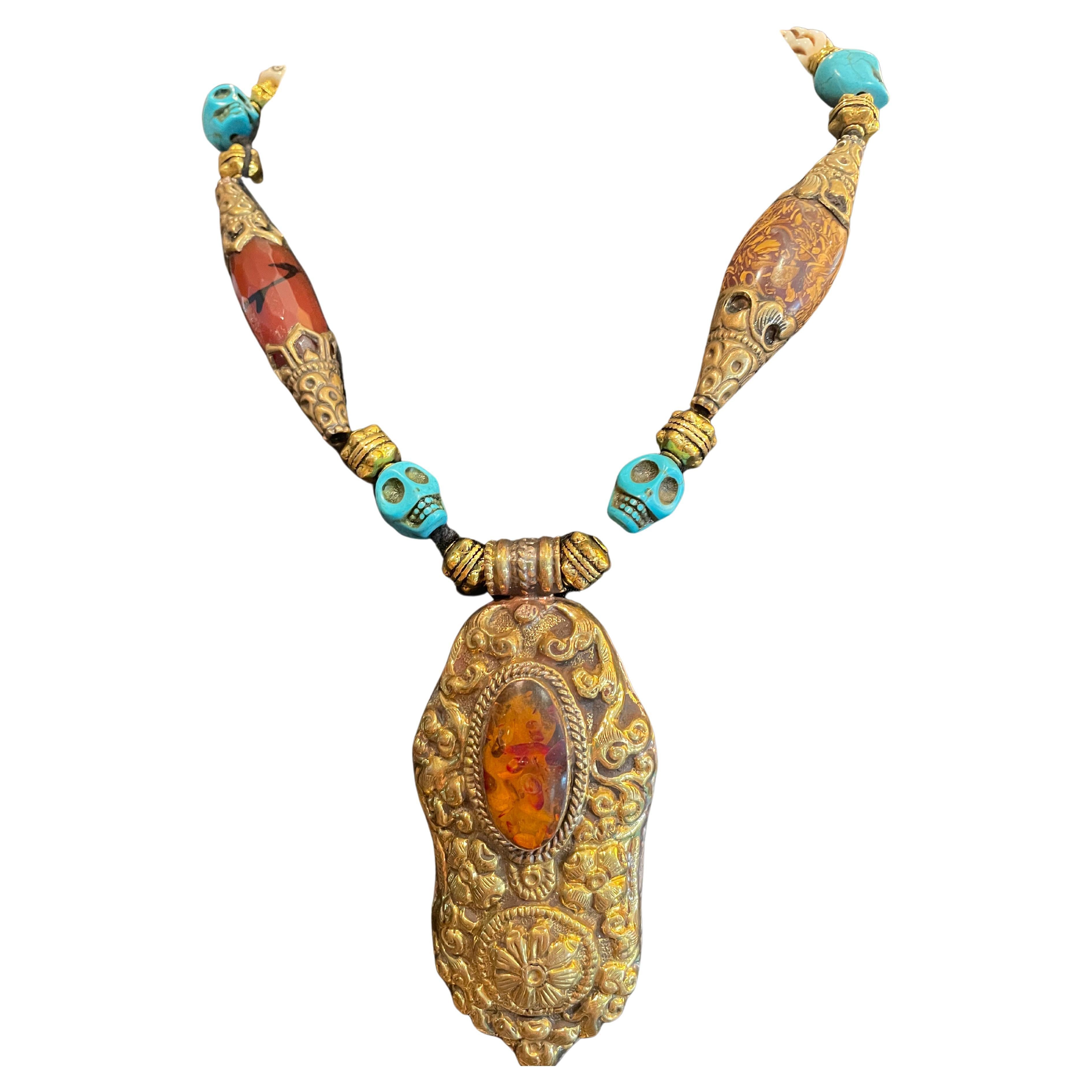 LB Tibetan pendant Turquoise vintage Indian agate bone discs necklace on offer For Sale