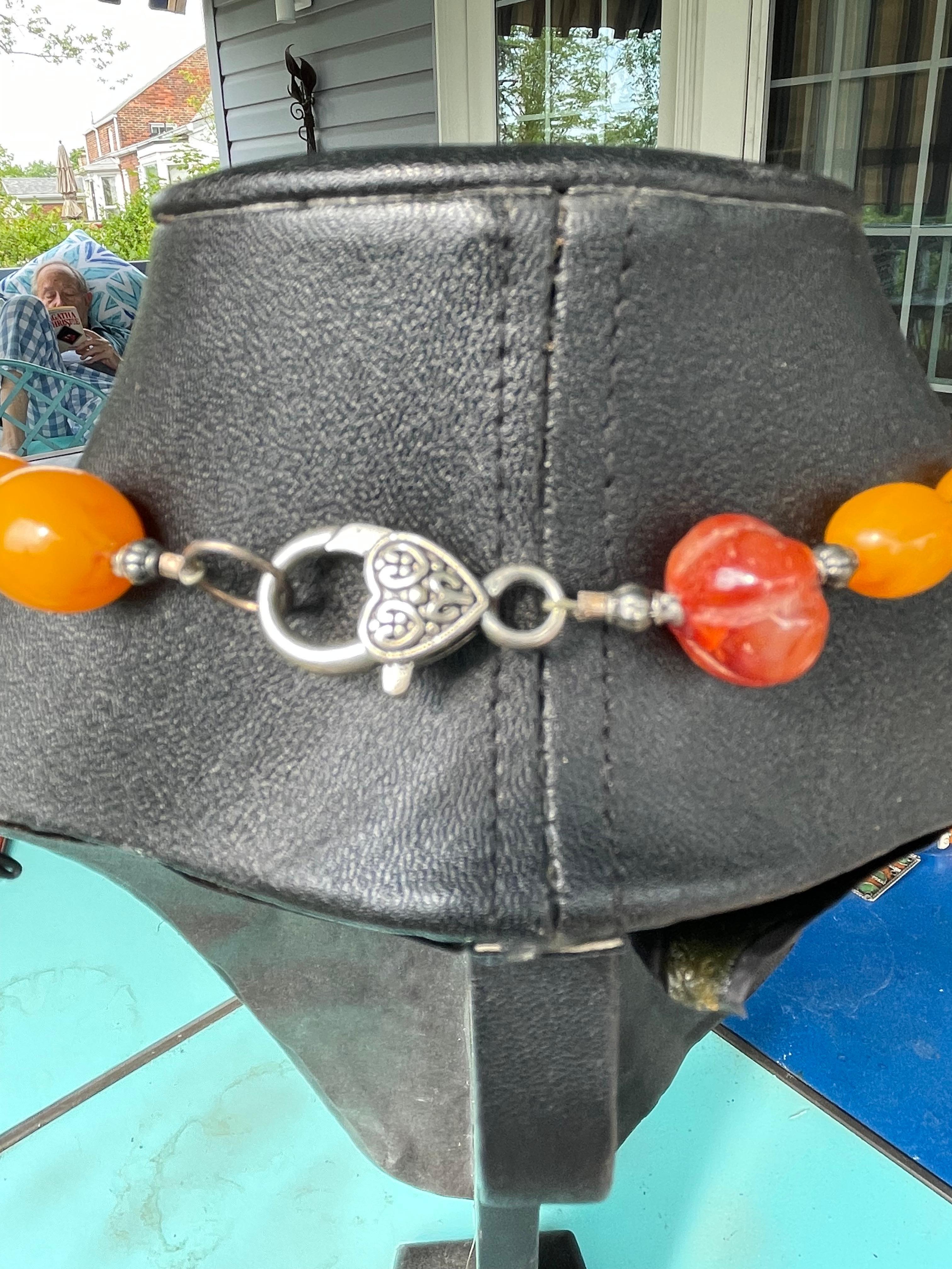 Artisan LB Tribal style Amber Bakelite Vintage Carnelian beads Silver necklace on offer For Sale