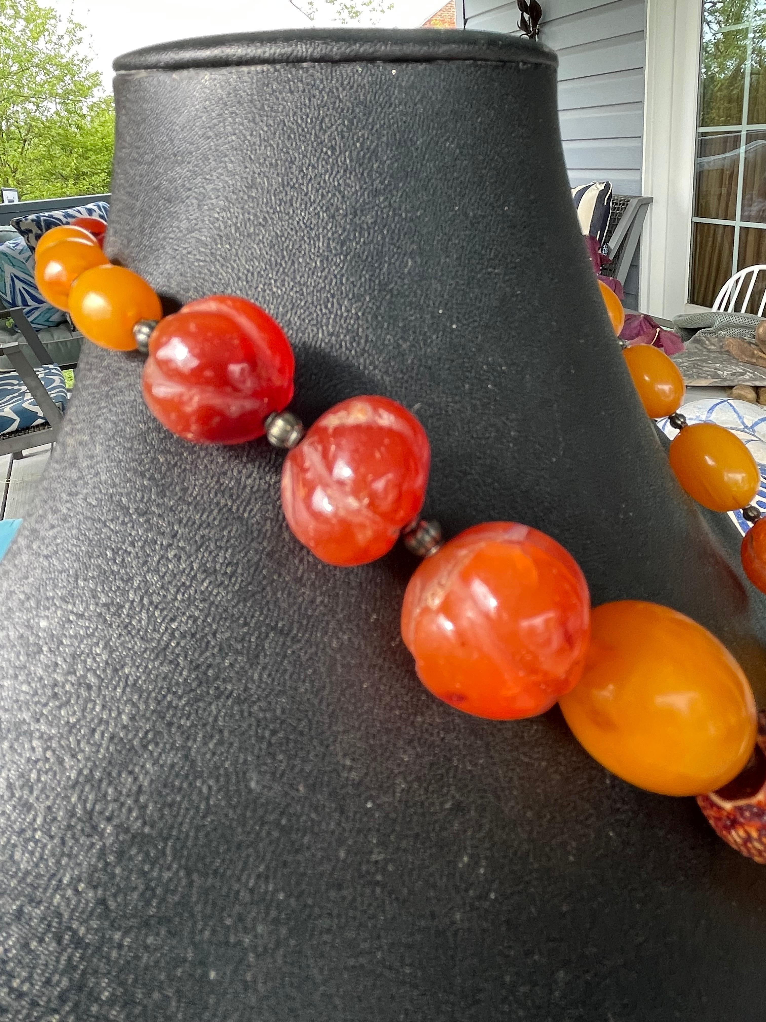 Bead LB Tribal style Amber Bakelite Vintage Carnelian beads Silver necklace on offer For Sale