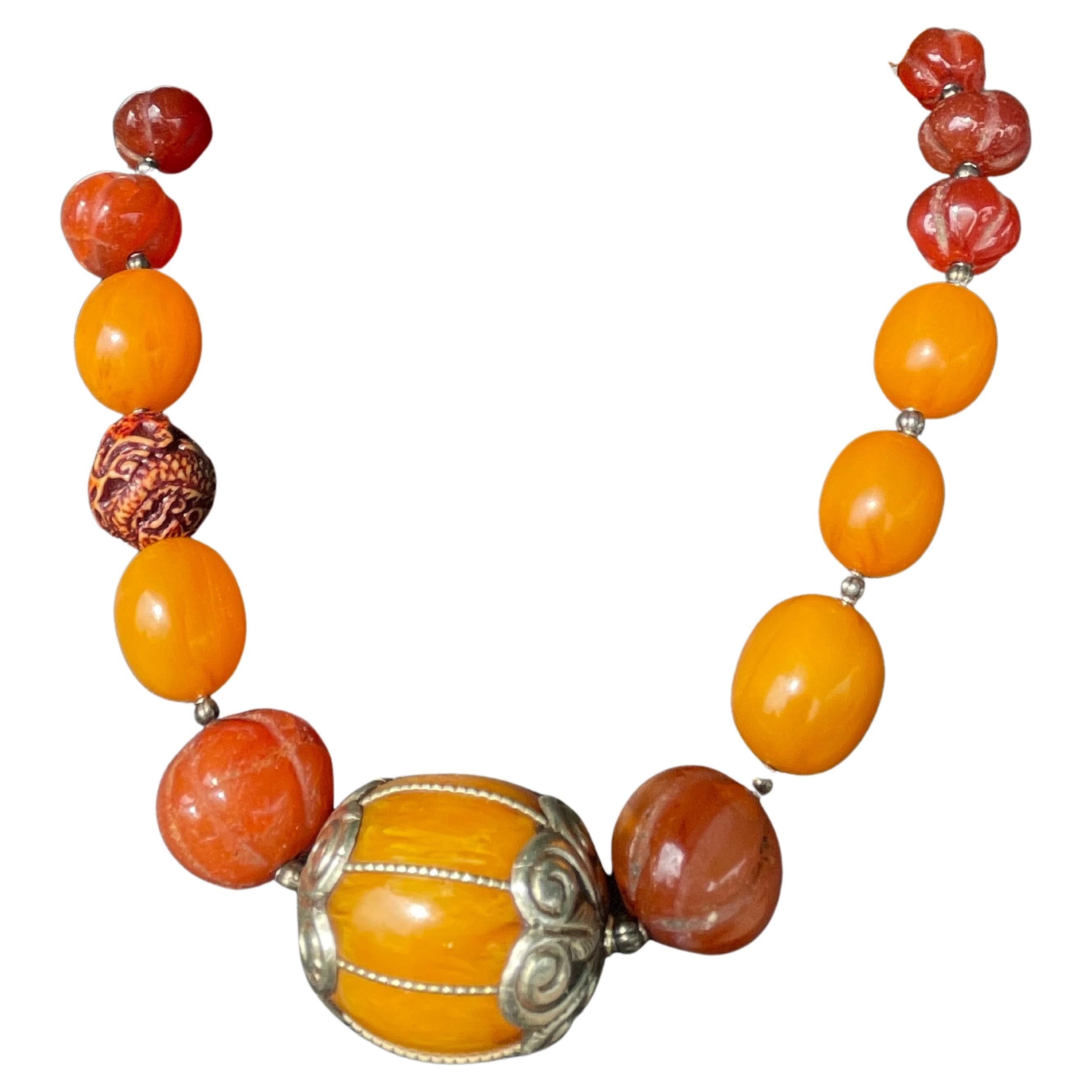 LB Tribal style Amber Bakelite Vintage Carnelian beads Silver necklace on offer For Sale