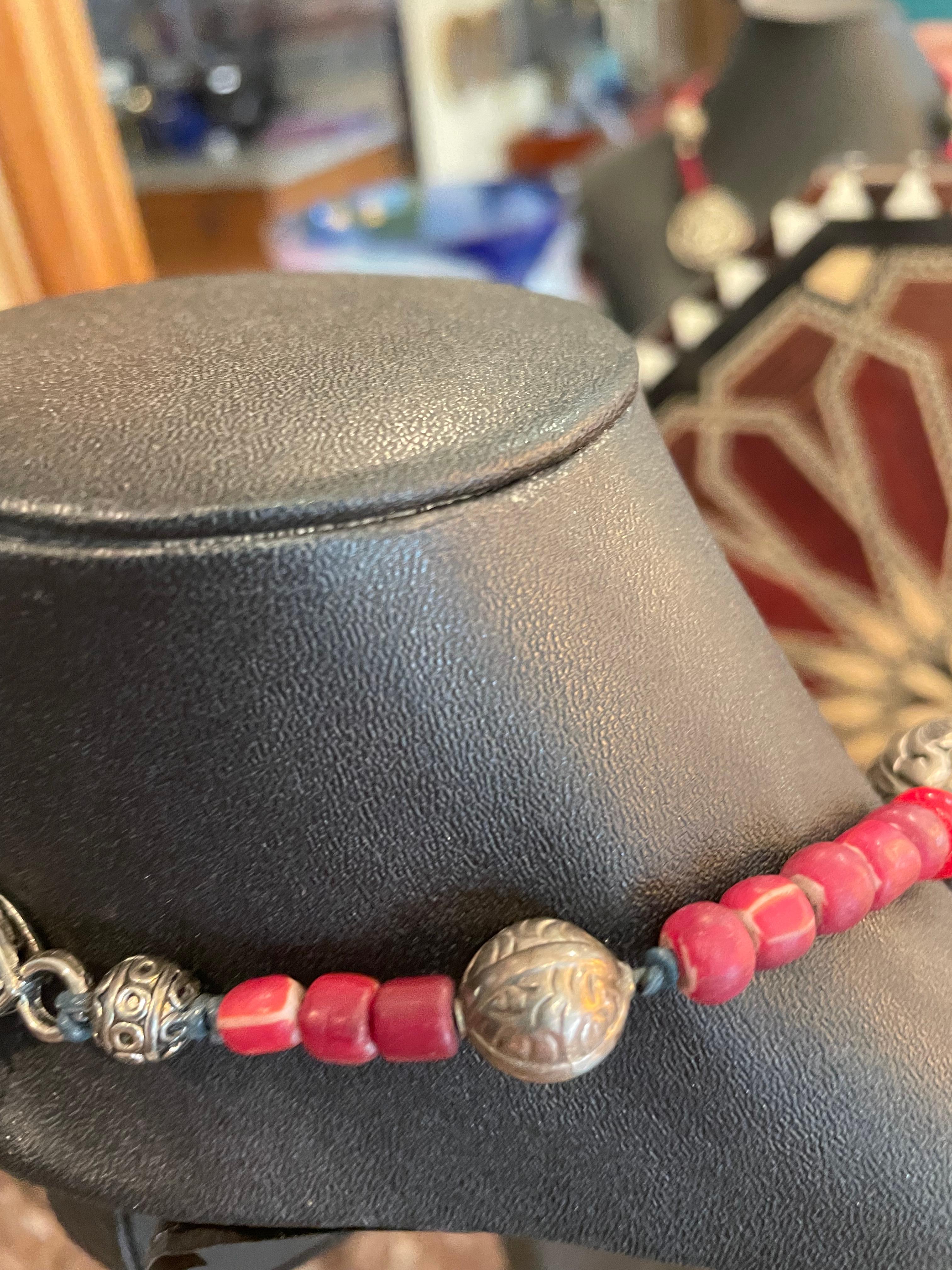 Artisan LB Tribal style necklace Tibetan silver Afghani inlaid Venetian trade bead amber For Sale