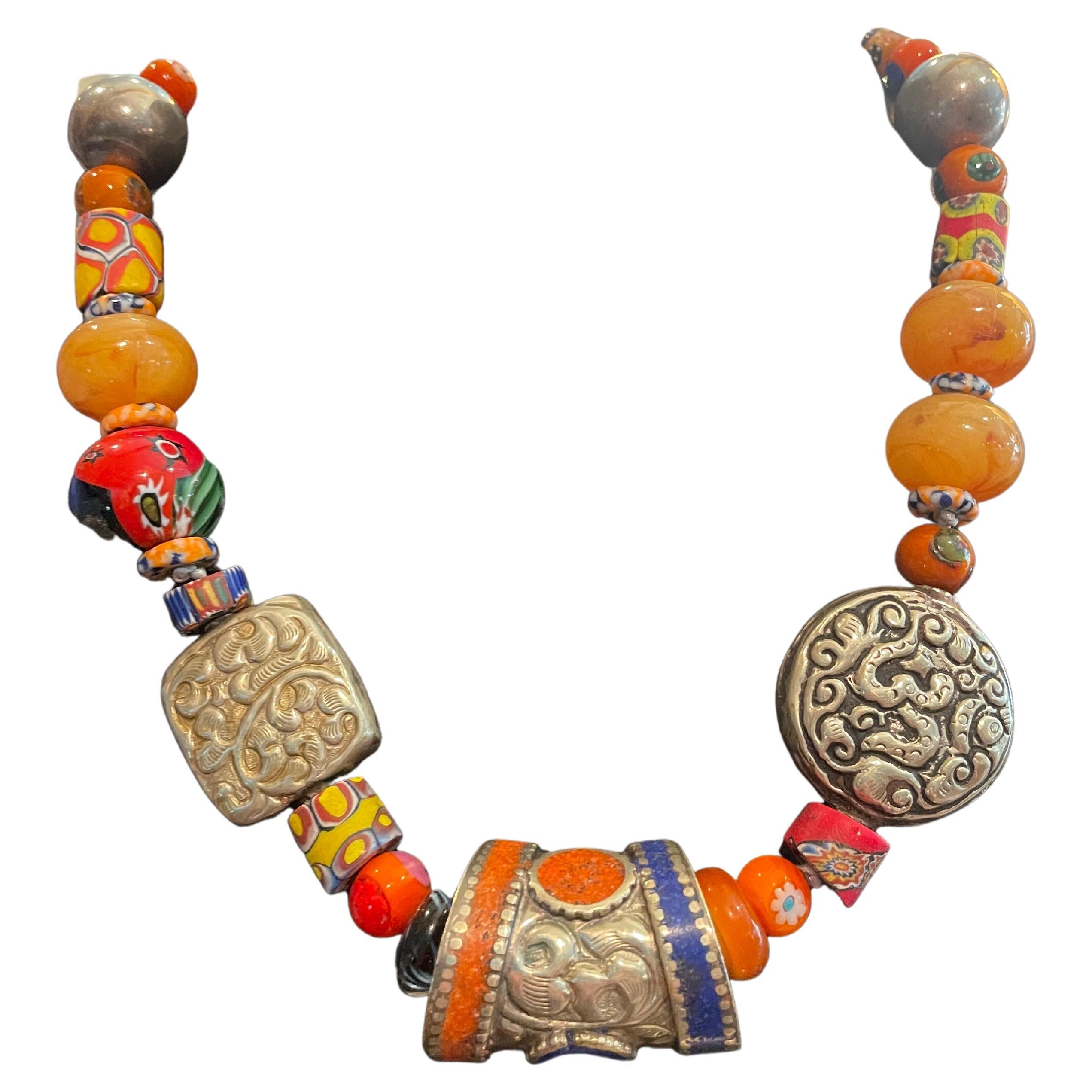 LB Tribal style necklace Tibetan silver Afghani inlaid Venetian trade bead amber For Sale