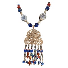 LB Collier pendentif Art Nouveau en céramique et cornaline de style tribal en argent sterling