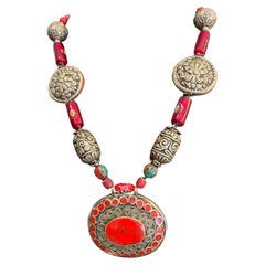 LB Tribal style Tibetan pendant necklace with Venetian beads Tibetan silver OOAK