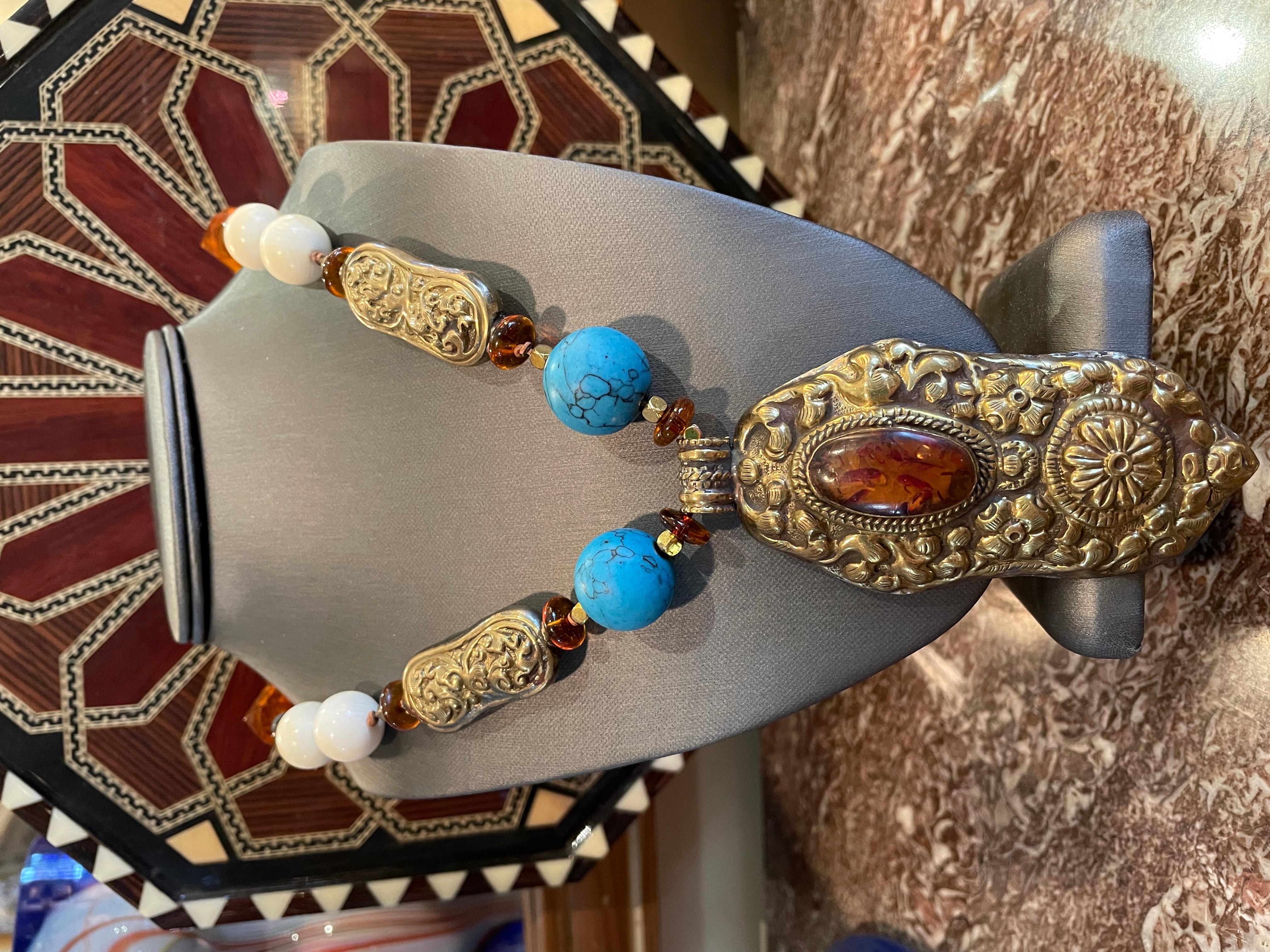 Türkis, Sterling, Knochen , handgefertigte Halskette im Stammesstil wird angeboten im Angebot 3
