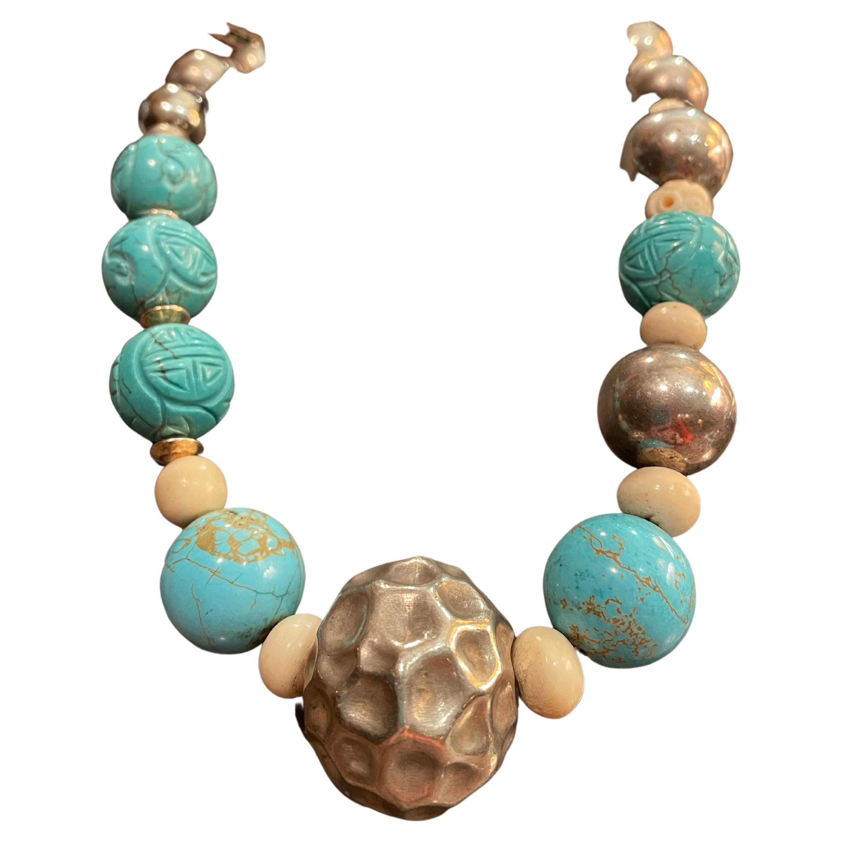 Türkis, Sterling, Knochen , handgefertigte Halskette im Stammesstil wird angeboten im Angebot