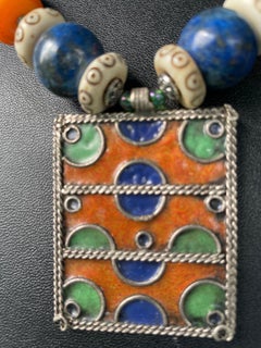 LB Vintage Afghani Enamel tribal Pendant Necklace Bakelite Lapis Turquoise Bone