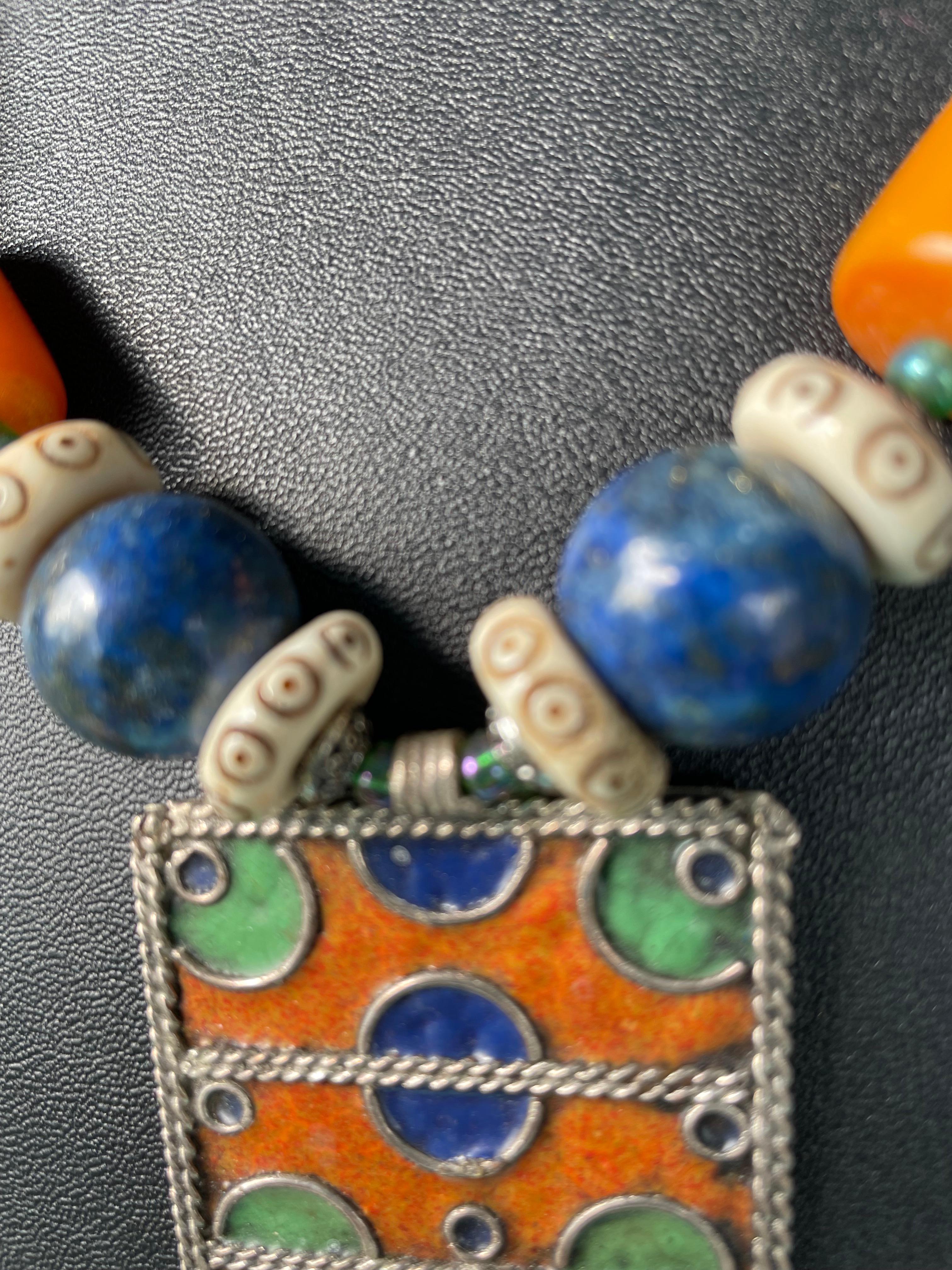 Bead LB Vintage Afghani Enamel tribal Pendant Necklace Bakelite Lapis Turquoise Bone For Sale
