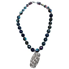 LB vintage Deco Sterling Marcasite pendant Stunning Czech Crystal necklace