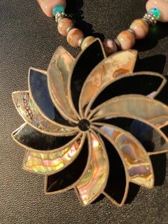 LB vintage Mexican Pinwheel pendant Stunning Venetian beads Lava stone necklace