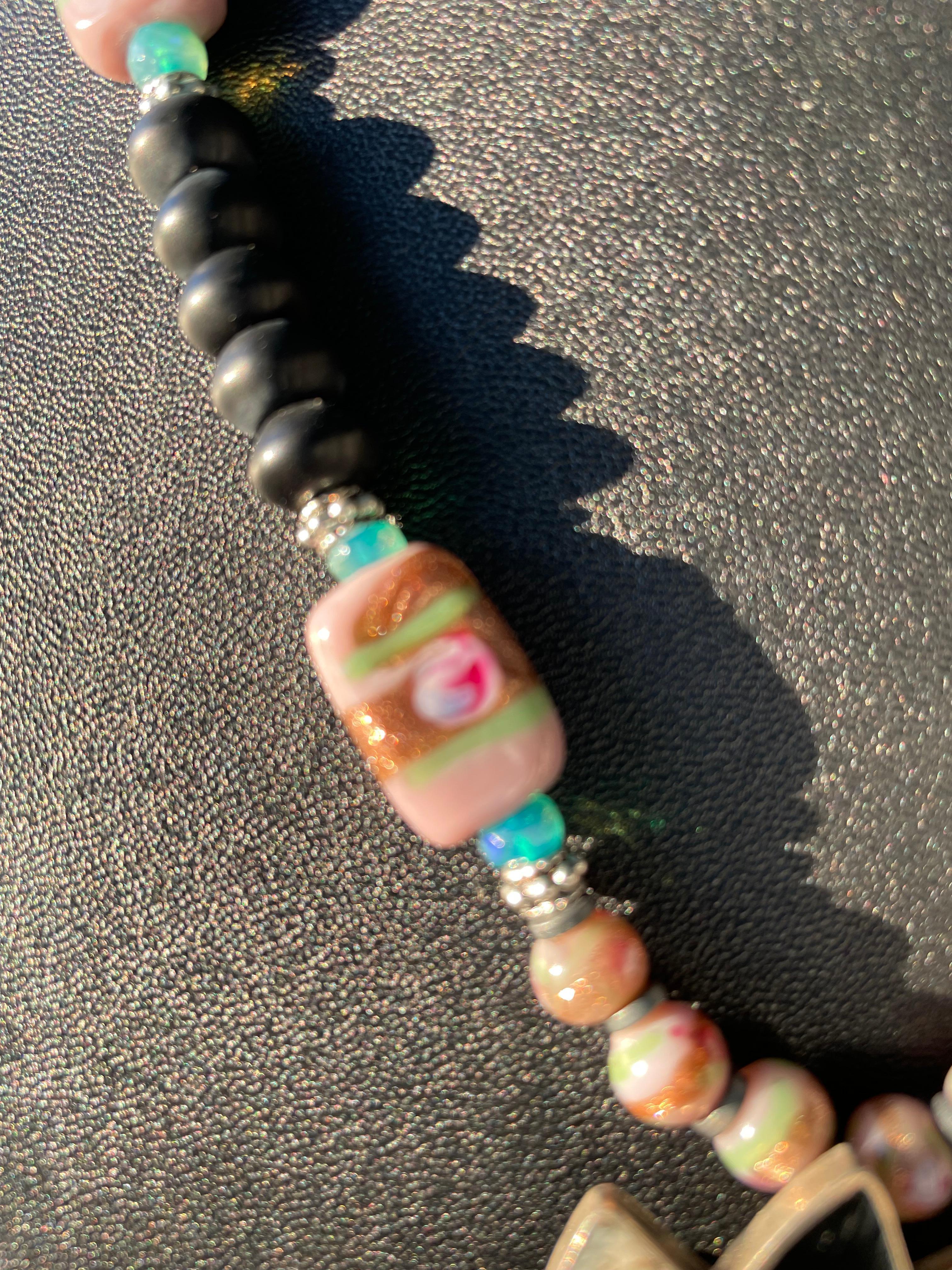 Retro LB vintage Mexican Pinwheel pendant Stunning Venetian beads Lava stone necklace  For Sale