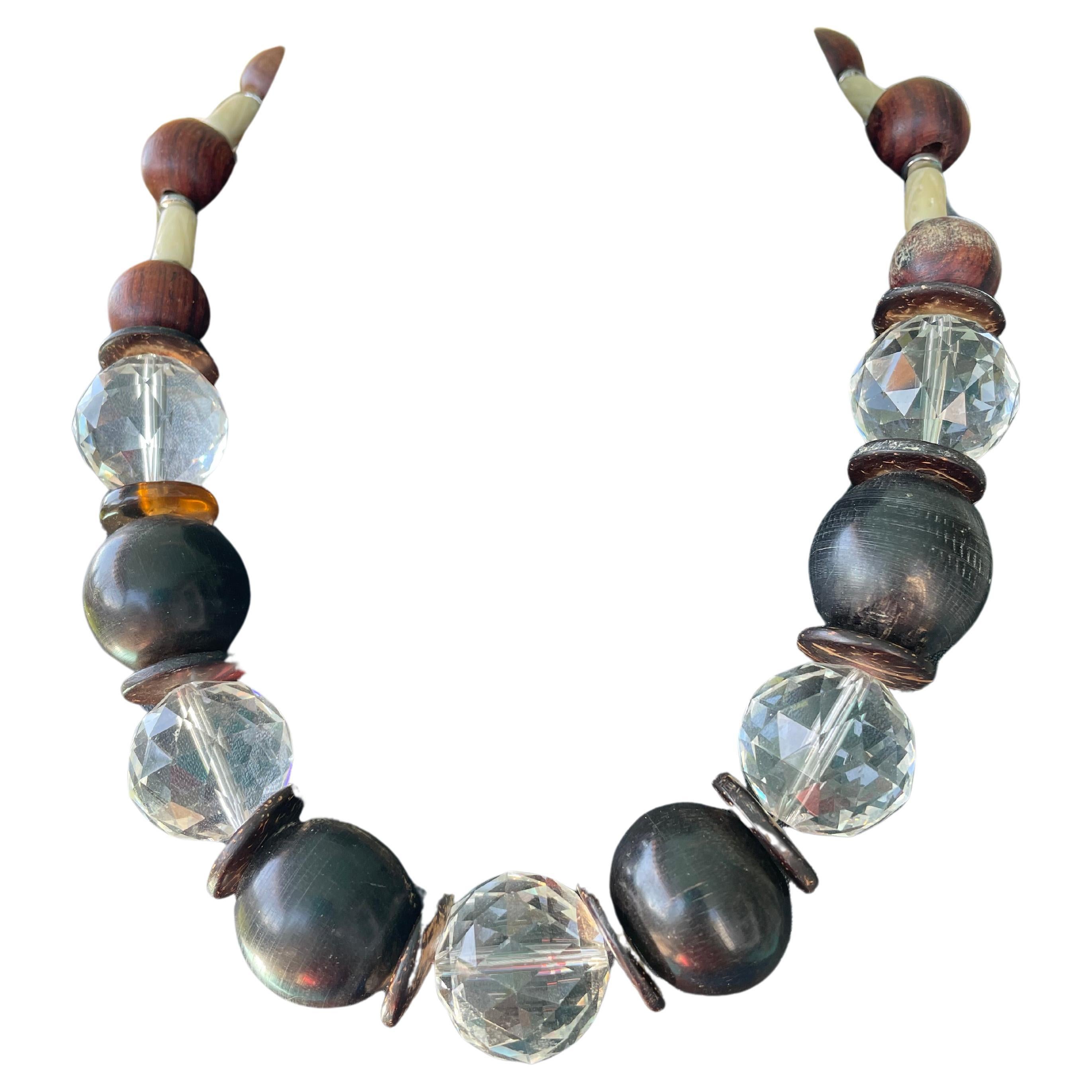 LB Vintage Resin Crystal Bone and Wood Bead Necklace on offer For Sale
