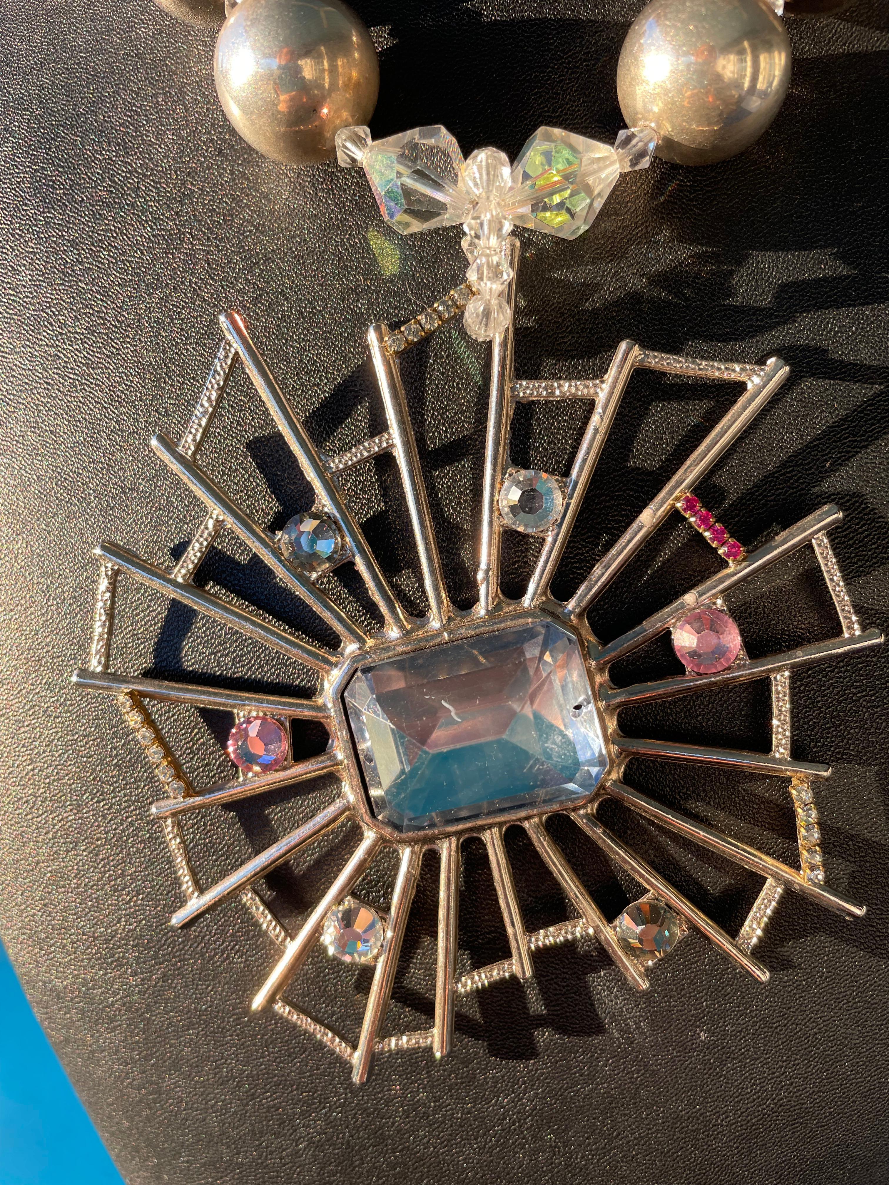 LB Vintage Spiderweb brooch pendant Blue Agate Sterling Crystal SS necklace For Sale 1