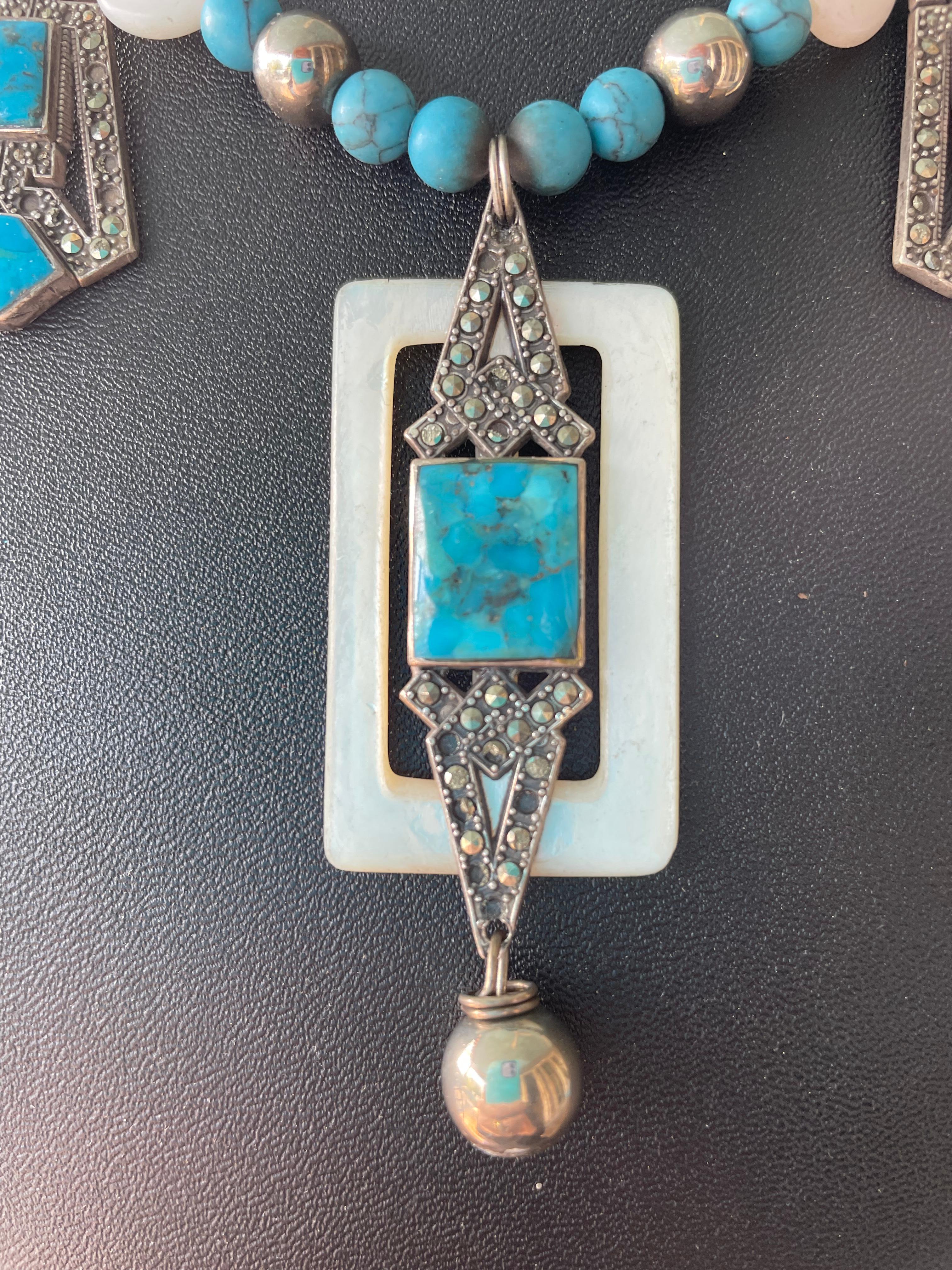 LB Vintage Sterling Marcasite Turquoise drops necklace Mother of Pearl buckle For Sale 1