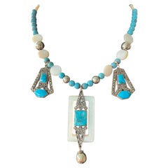LB Vintage Sterling Marcasite Turquoise drops necklace Mother of Pearl buckle