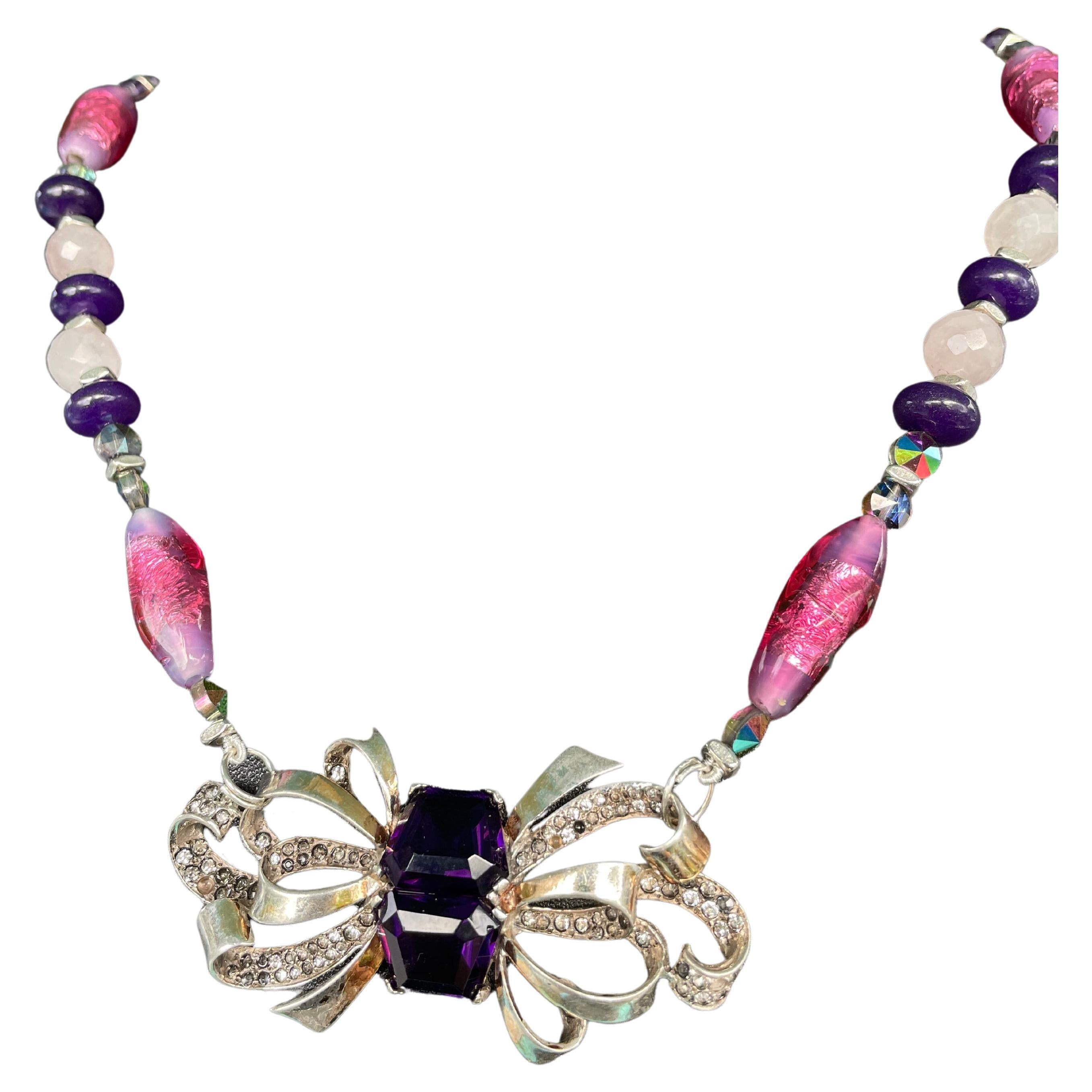 LB vintage Sterling Silver Art Nouveau Bow Brooch Venetian glass necklace For Sale
