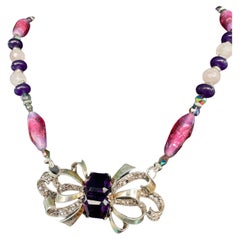 LB Retro Sterling Silver Art Nouveau Bow Brooch Venetian glass necklace