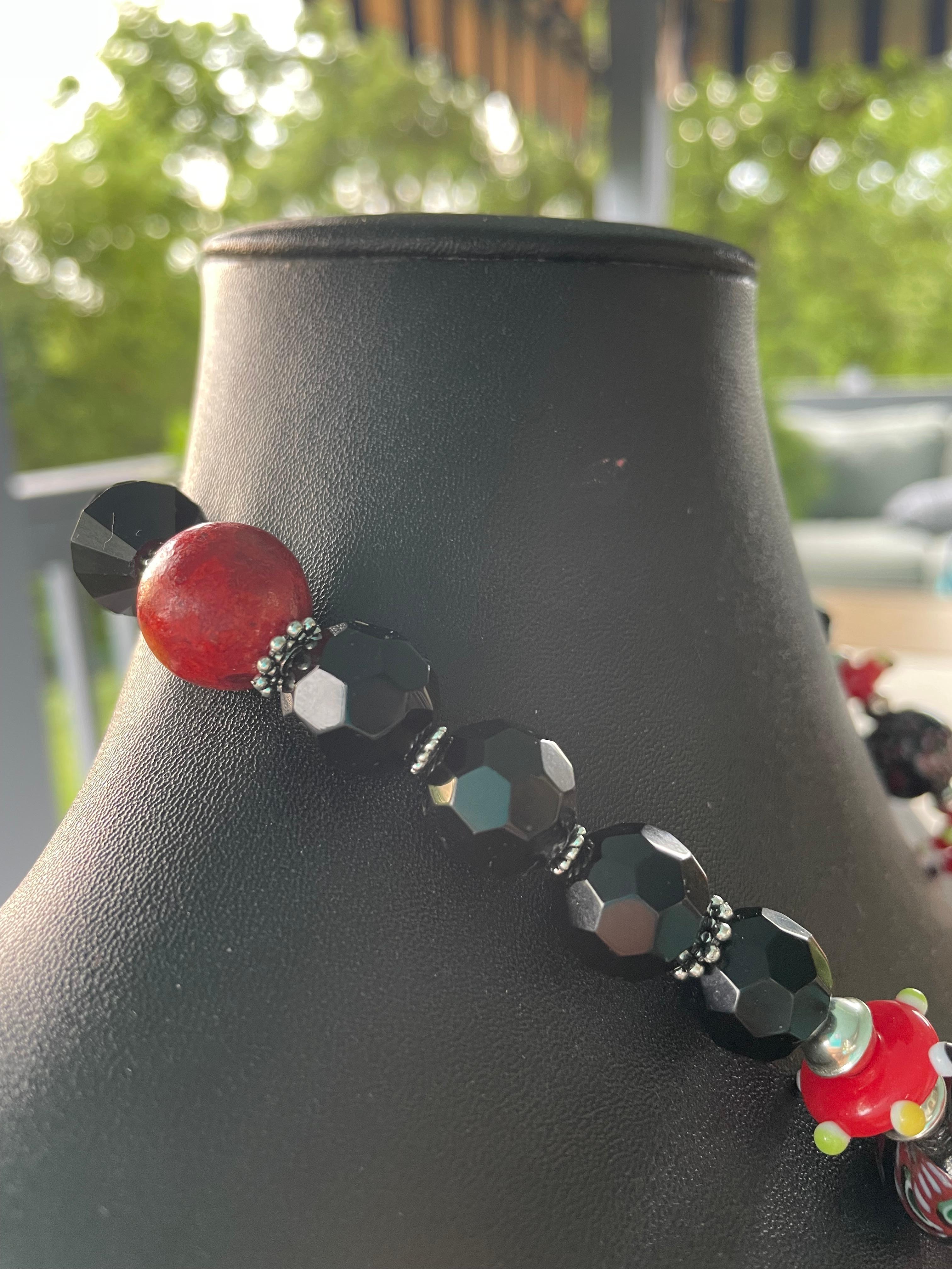 LBbb be offers Handmade Zebra Bakelite African Glass Jet SS Coral Necklace For Sale 4