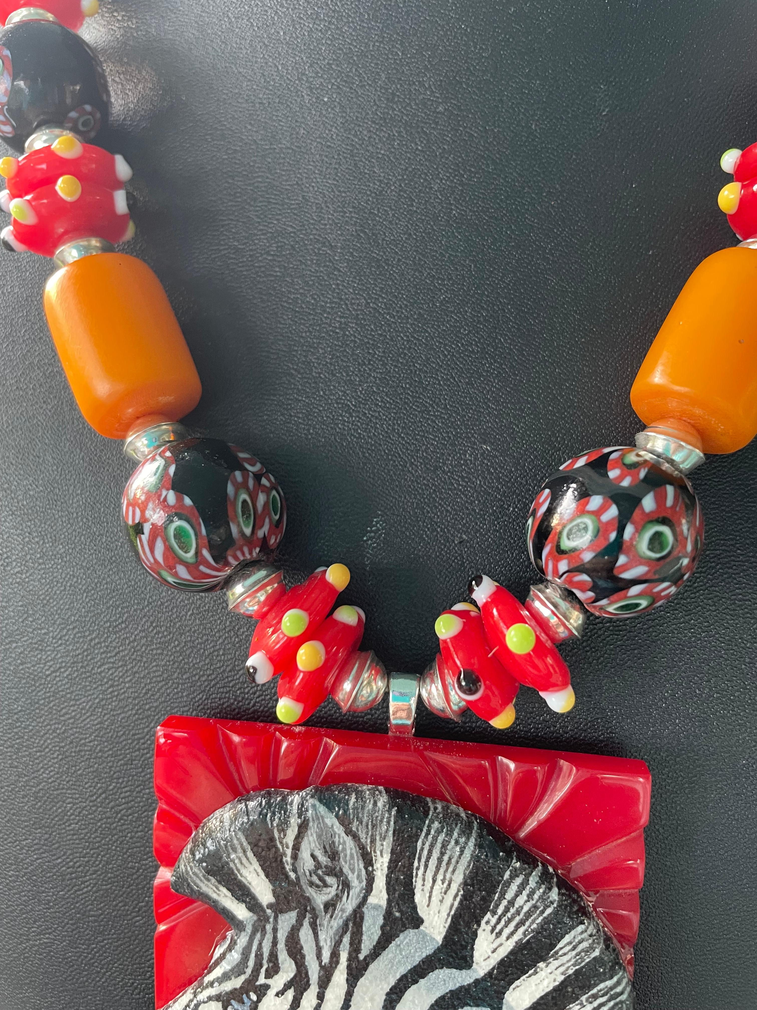 Artisan LBbb be offers Handmade Zebra Bakelite African Glass Jet SS Coral Necklace For Sale