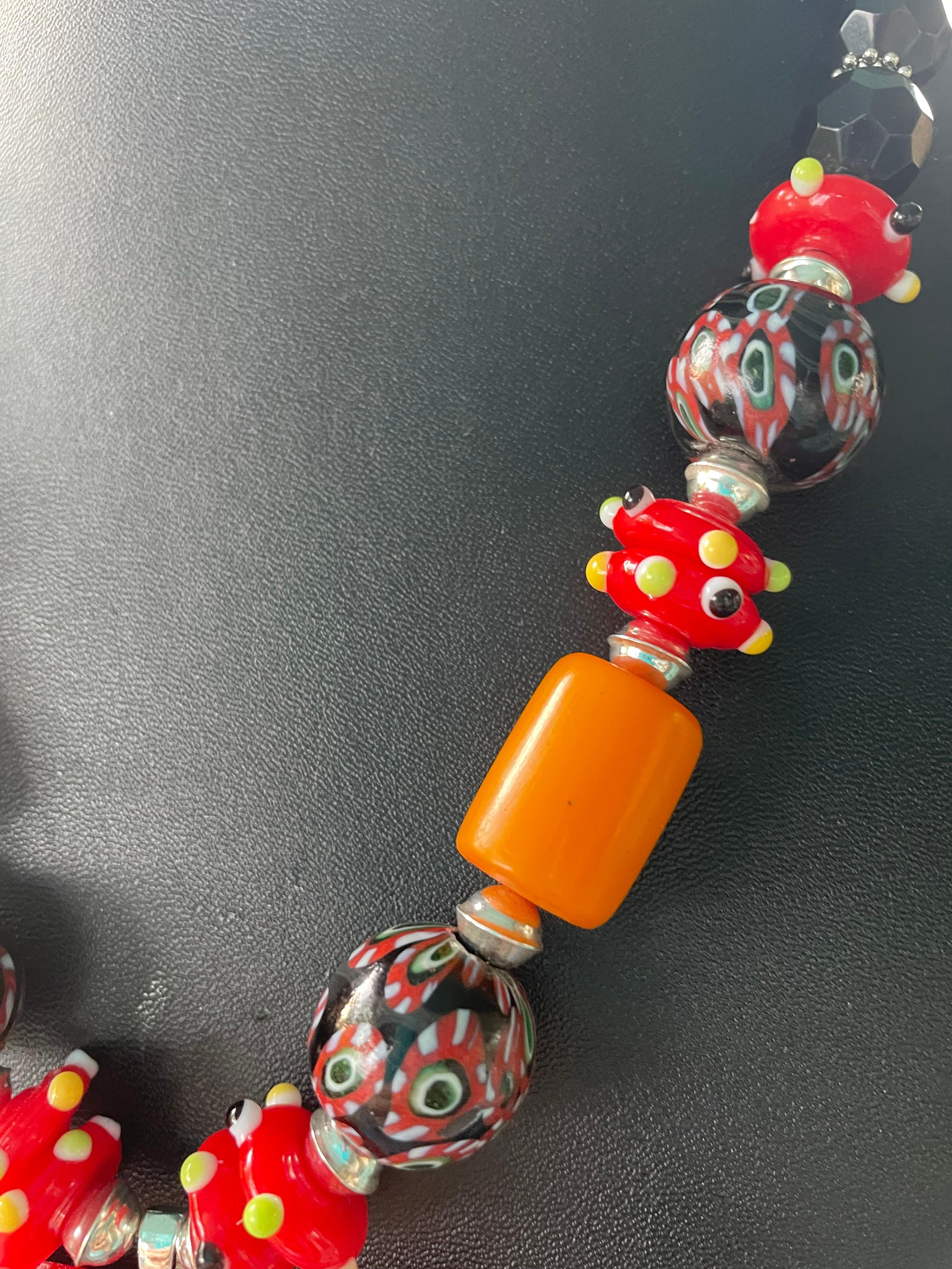Bead LBbb be offers Handmade Zebra Bakelite African Glass Jet SS Coral Necklace For Sale