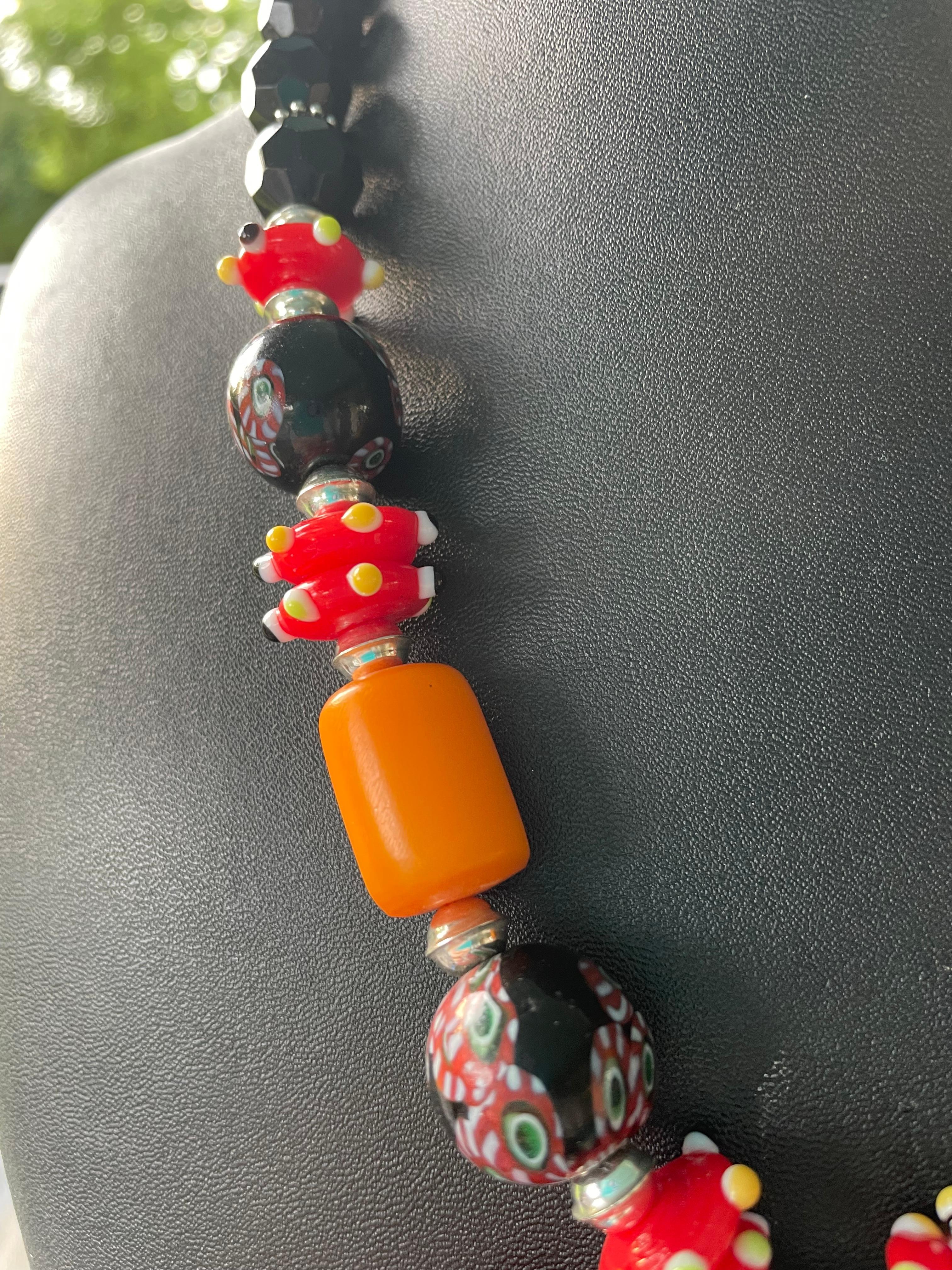 LBbb be offers Handmade Zebra Bakelite African Glass Jet SS Coral Necklace In Good Condition For Sale In Pittsburgh, PA