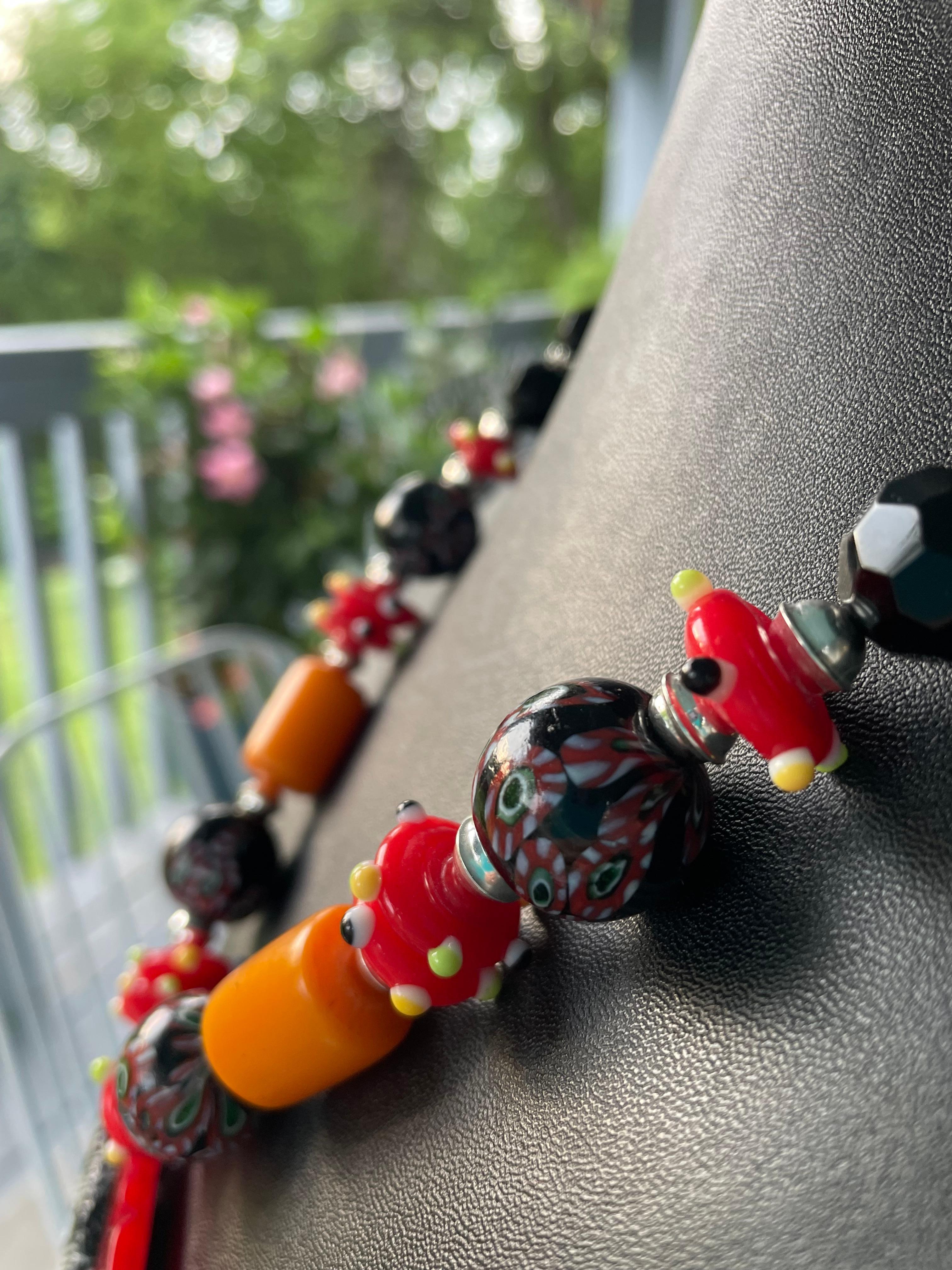 Women's or Men's LBbb be offers Handmade Zebra Bakelite African Glass Jet SS Coral Necklace For Sale