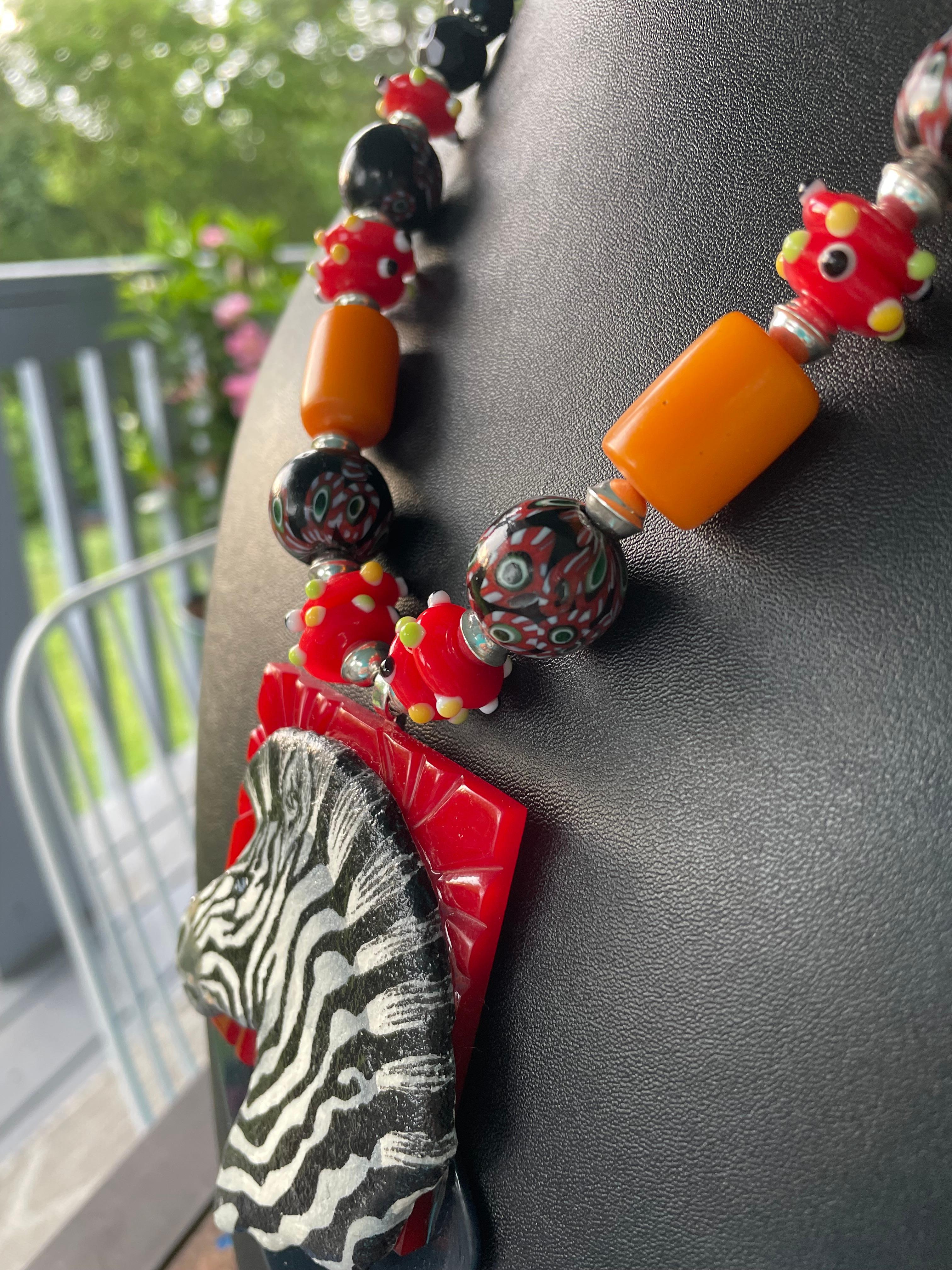 LBbb be offers Handmade Zebra Bakelite African Glass Jet SS Coral Necklace For Sale 1