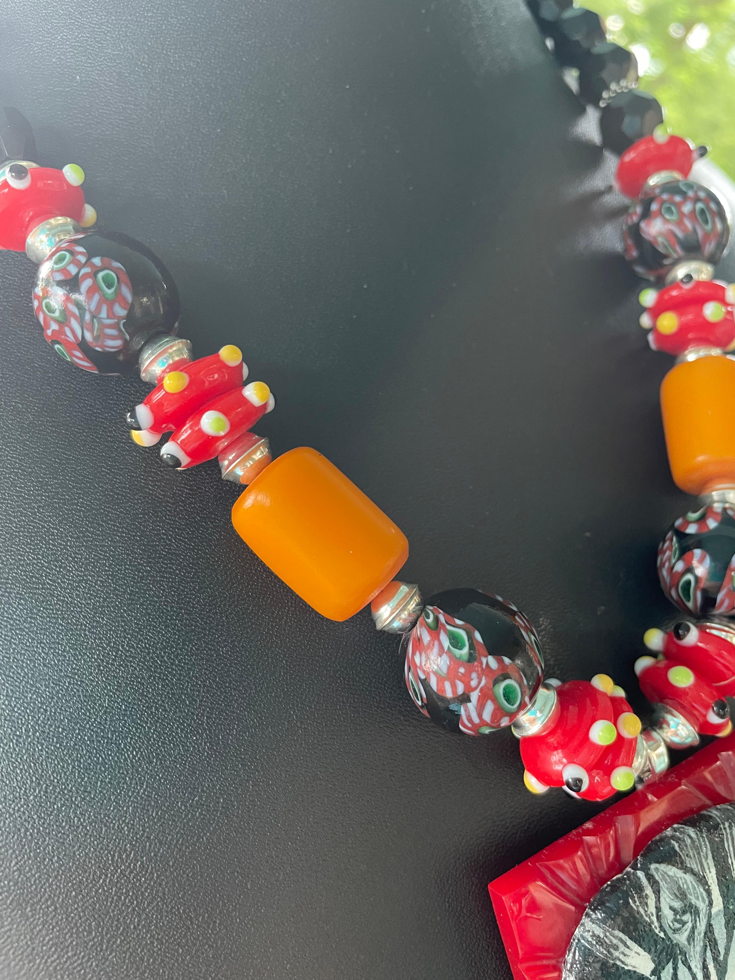 LBbb be offers Handmade Zebra Bakelite African Glass Jet SS Coral Necklace For Sale 3