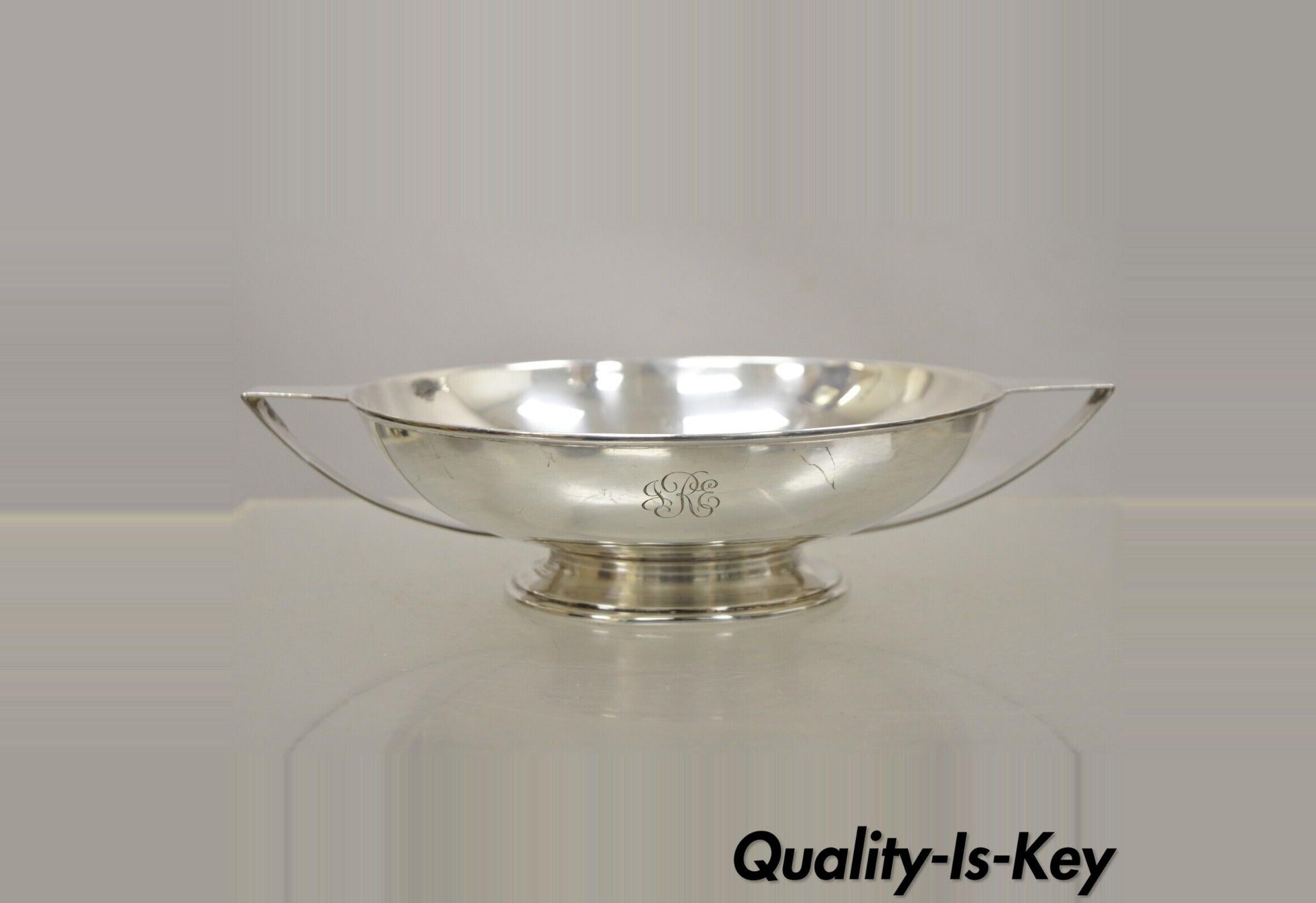 Antique L.B.S. Co. English Sheffield Round Silver Plated Twin Handle Shallow Bowl Dish. Item features Flat twin handles, monogram engraved to front 