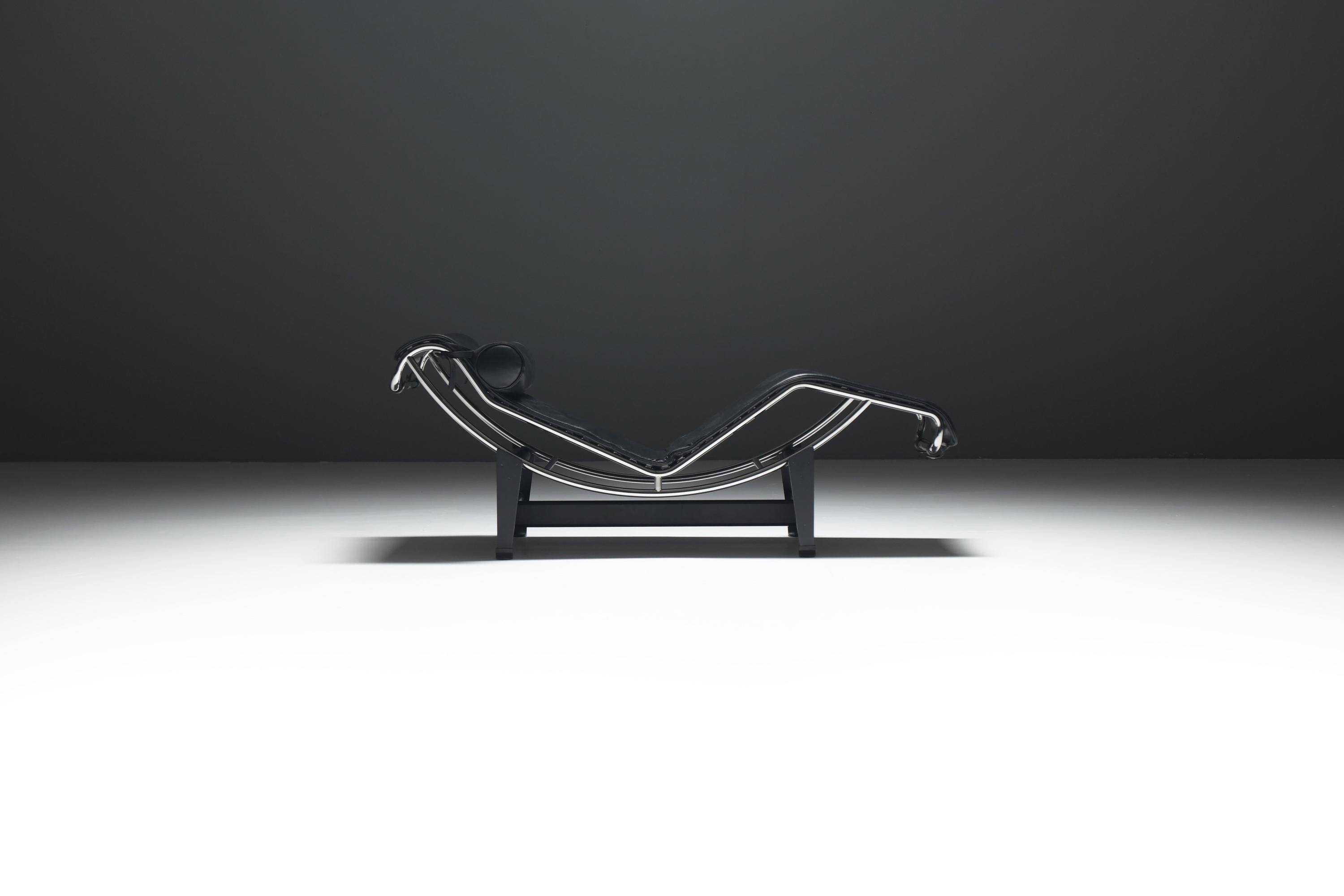 LC 4 black leather lounge chair by Le Corbusier, Jeanneret, Perriand for Cassina For Sale 1