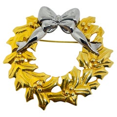 LC LIZ CLAIBORNE signed vintage gold tone wreath silver bow designer brooch