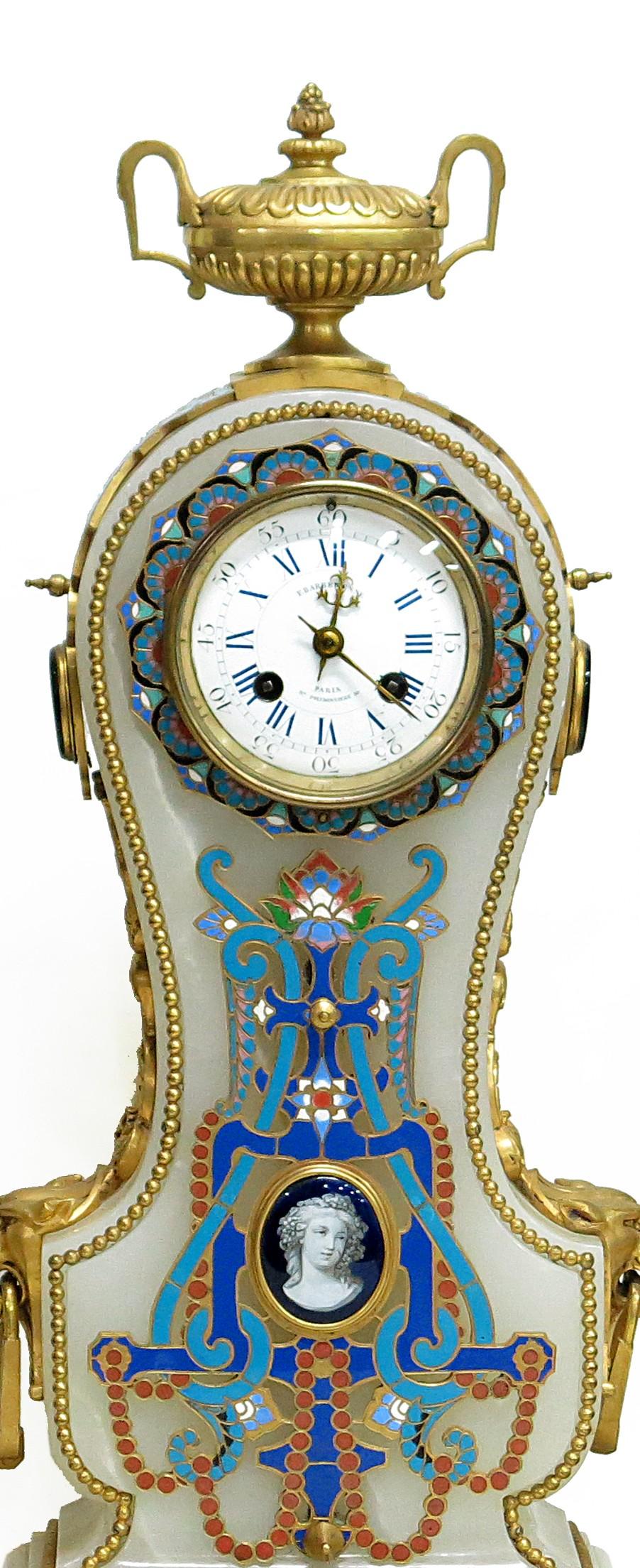 Napoleon III L.C. Sévin & F.Barbedienne, Neoclassical Style Set Clock Onyx and Enamel For Sale