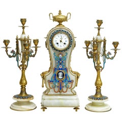 L.C. Sévin & F.Barbedienne, Neoclassical Style Set Clock Onyx and Enamel