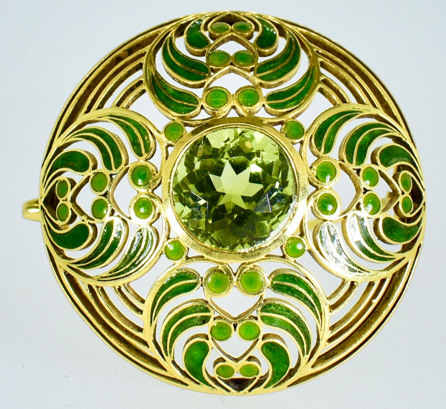 Women's or Men's L.C. Tiffany & Co. Enamel and Tourmaline Large Brooch, circa 1900