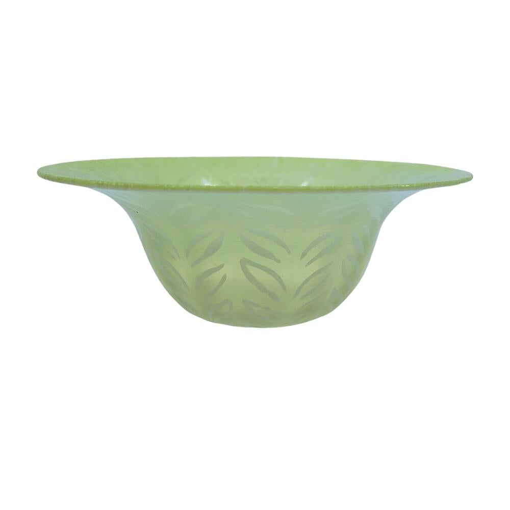 Offering this outstanding Louis Comfort Tiffany Favrile pastel lime green and opalescent decorated iridescent clear art glass bowl. This bowl features a flared body with interior decorated 