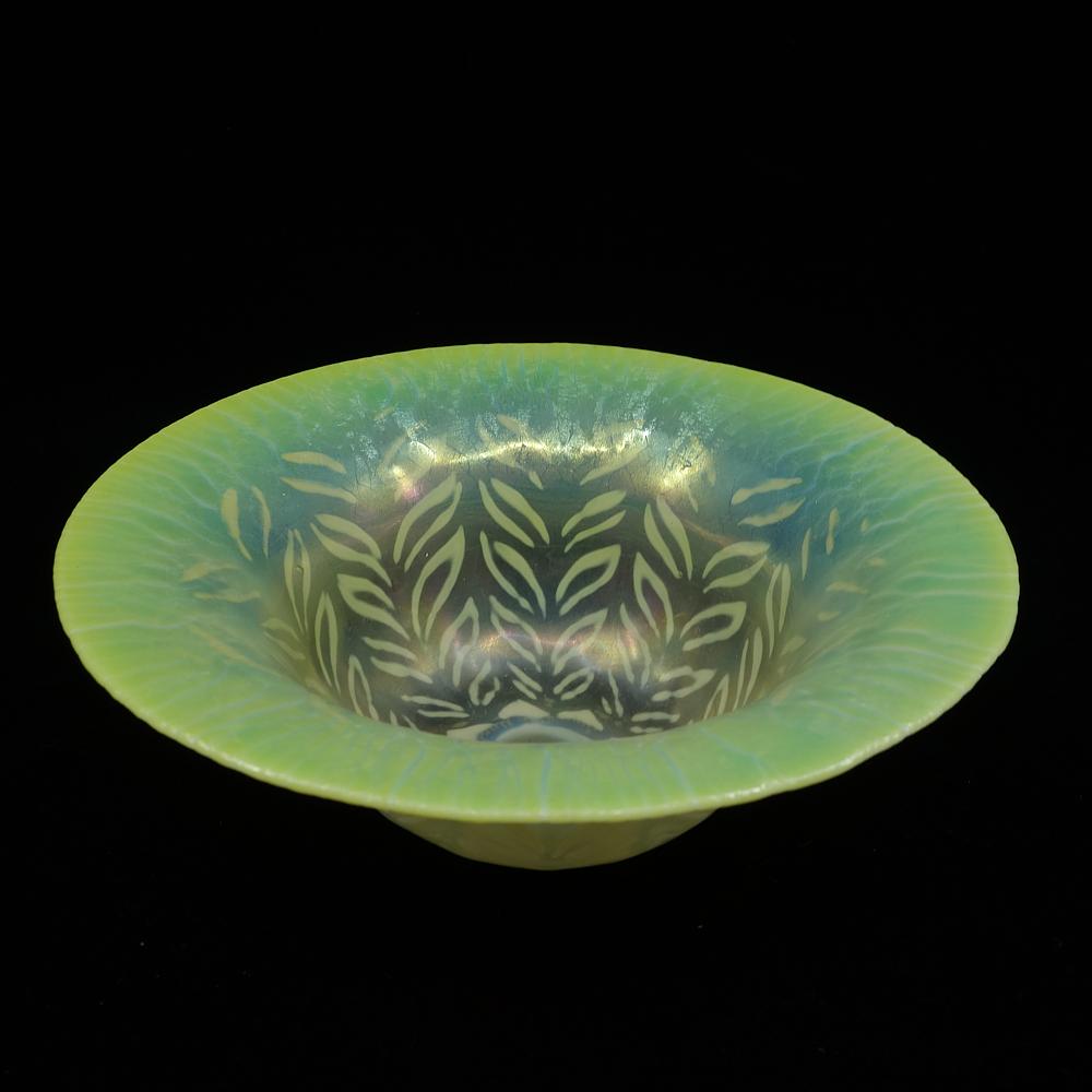 Fired LC Tiffany Favrile Art Glass Decorated Opal & Yellow Feather Design Bowl 1915