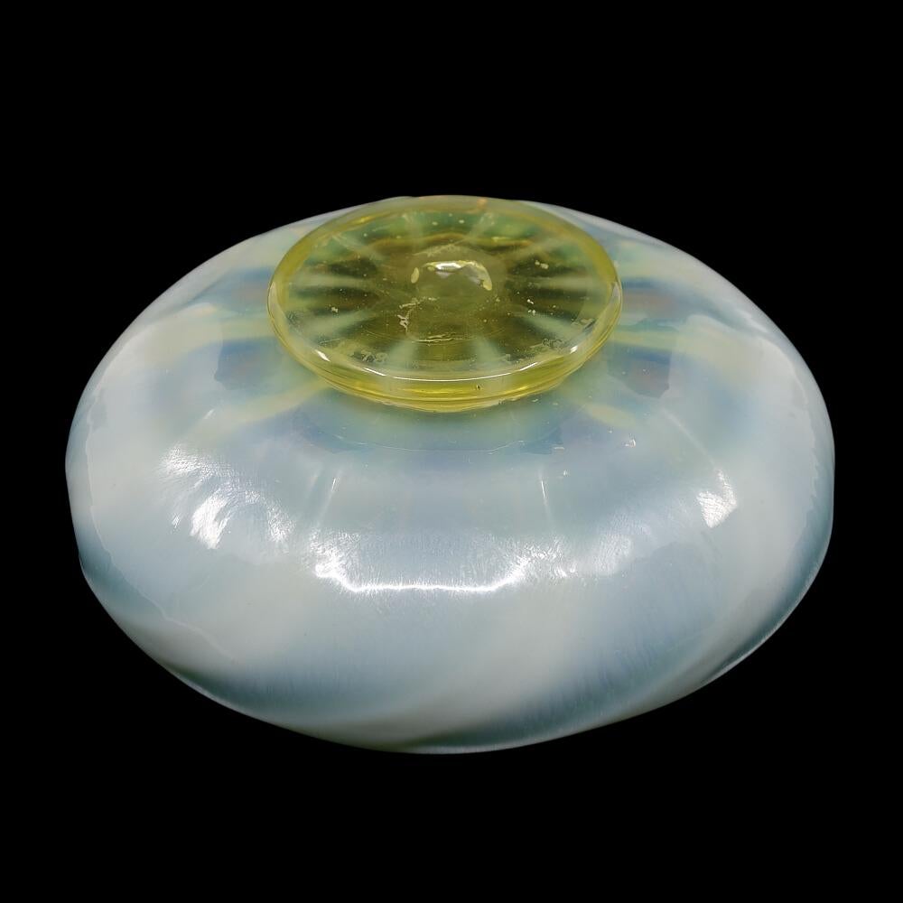 Fired LC Tiffany Favrile Art Glass Decorated Opal & Pastel Green Bon-Bon Bowl 1915 For Sale