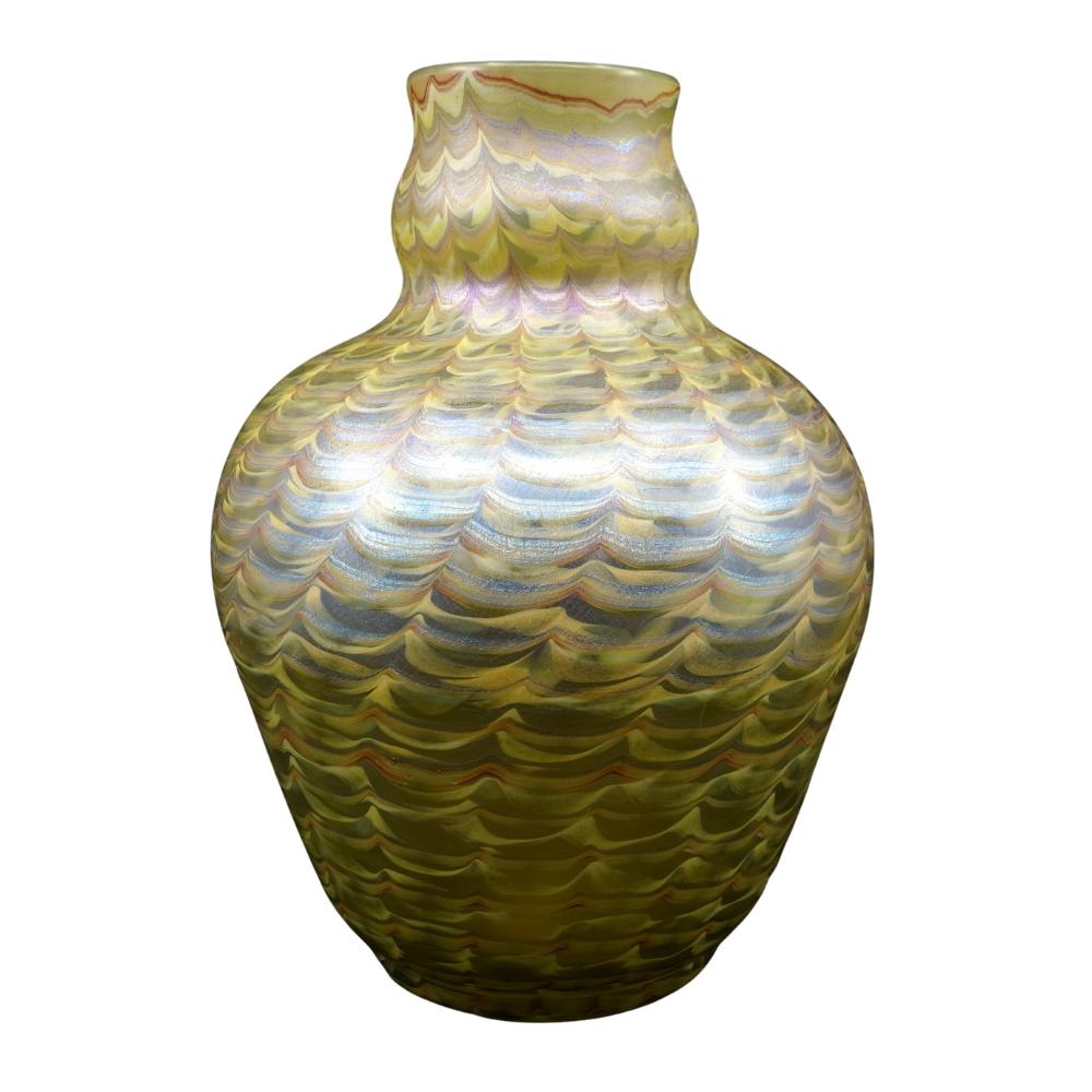 Offering this HOLY GRAIL, decorated Louis Comfort Tiffany Art Nouveau Favrile vase in multi-green and metallic decoration in an UNIQUE 