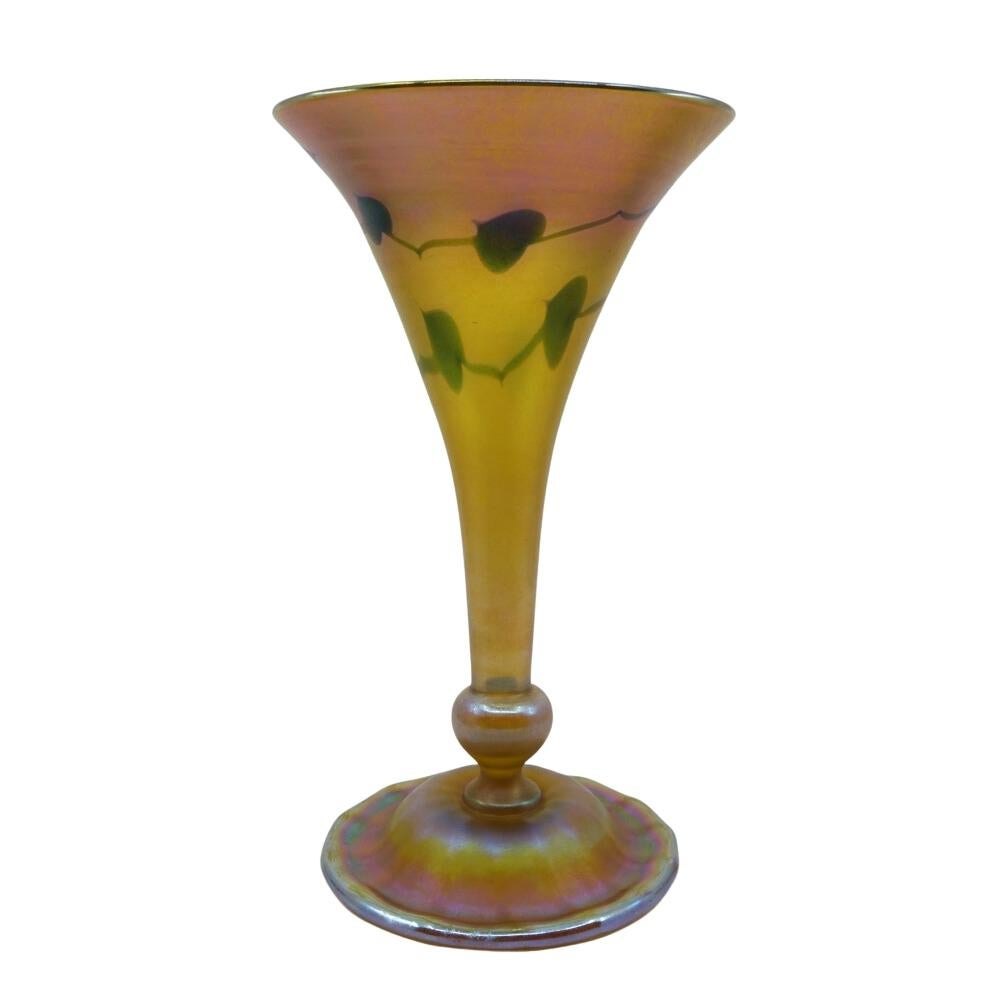 American LC Tiffany Heart & Vine Decorated Art Glass Favrile Trumpet Vase, circa 1920