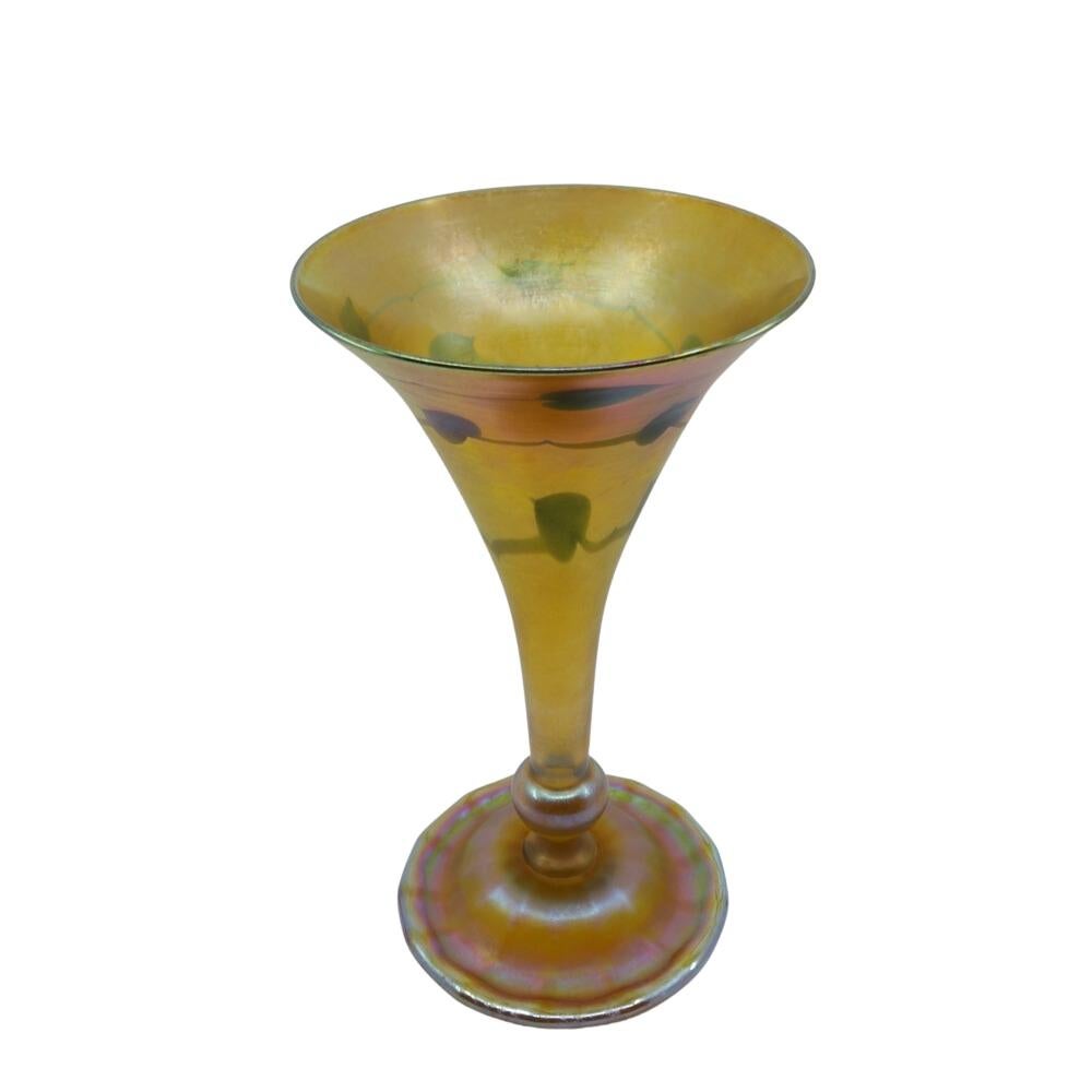 Fired LC Tiffany Heart & Vine Decorated Art Glass Favrile Trumpet Vase, circa 1920